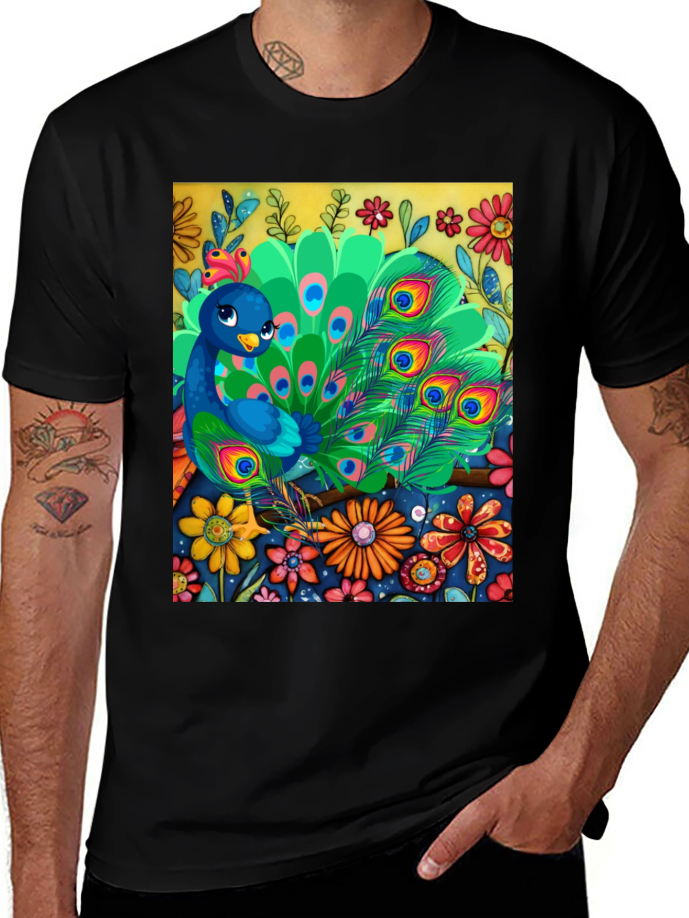 Peacock Floral Graphic Tee - Unique Art Design