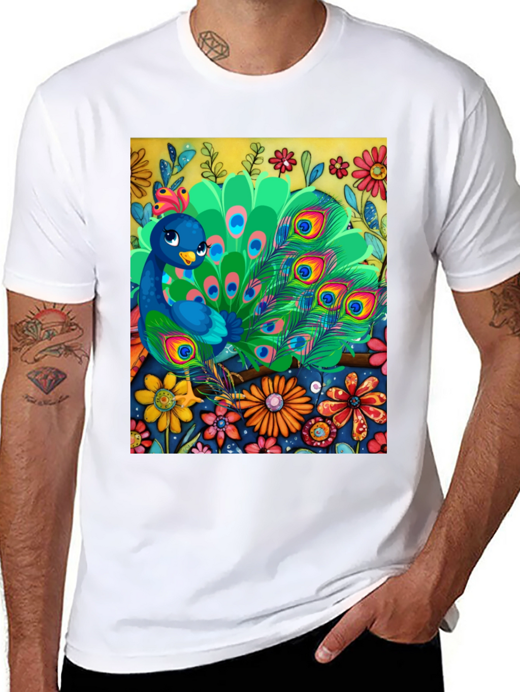 Peacock Floral Graphic Tee - Unique Art Design