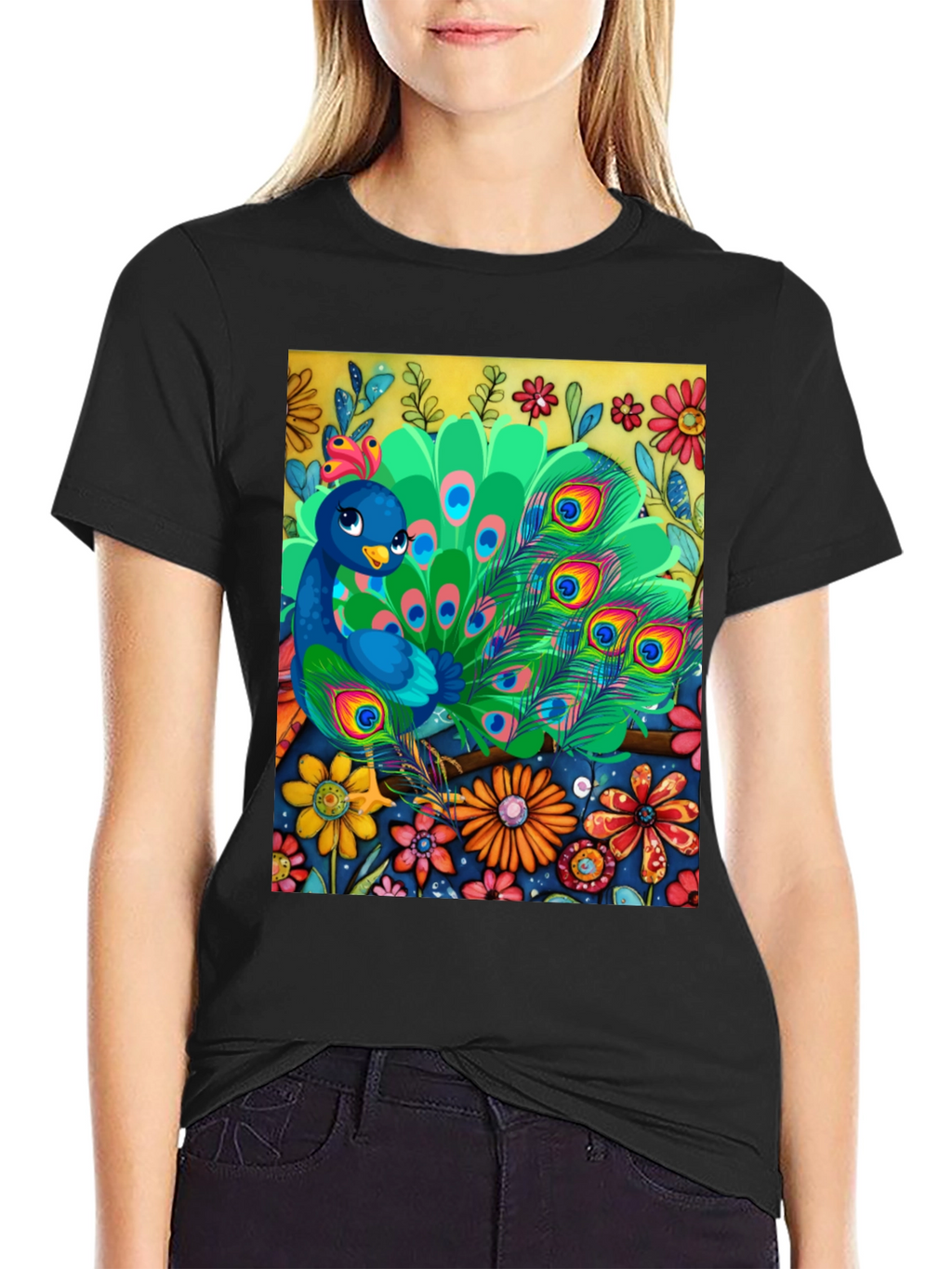 Peacock Floral Graphic Tee - Unique Art Design