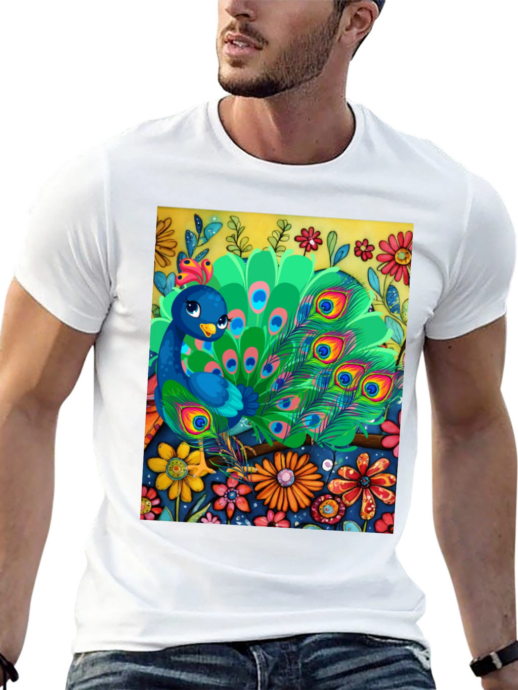 Peacock Floral Graphic Tee - Unique Art Design