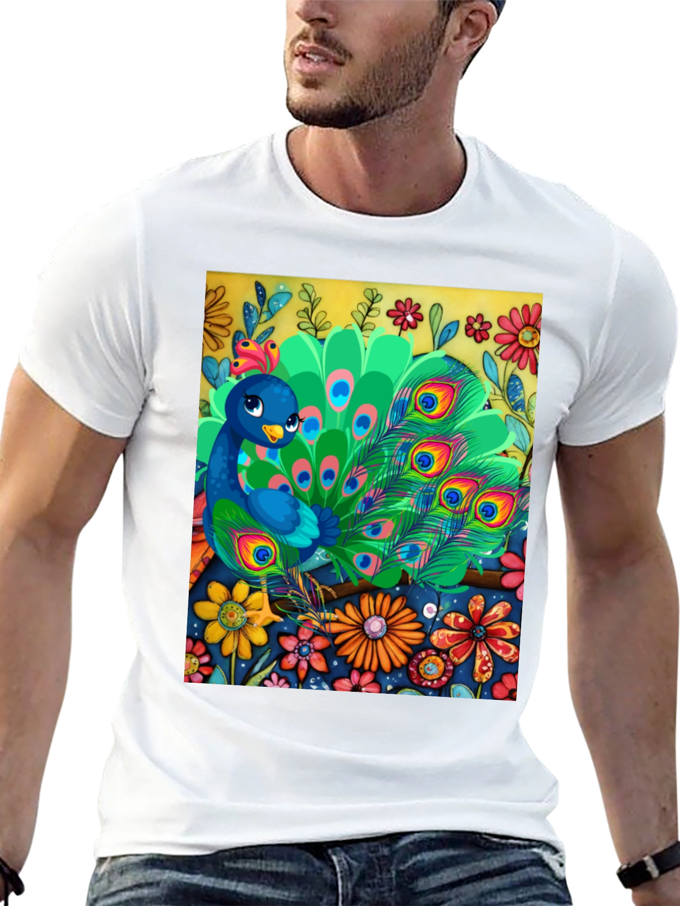 Peacock Floral Graphic Tee - Unique Art Design