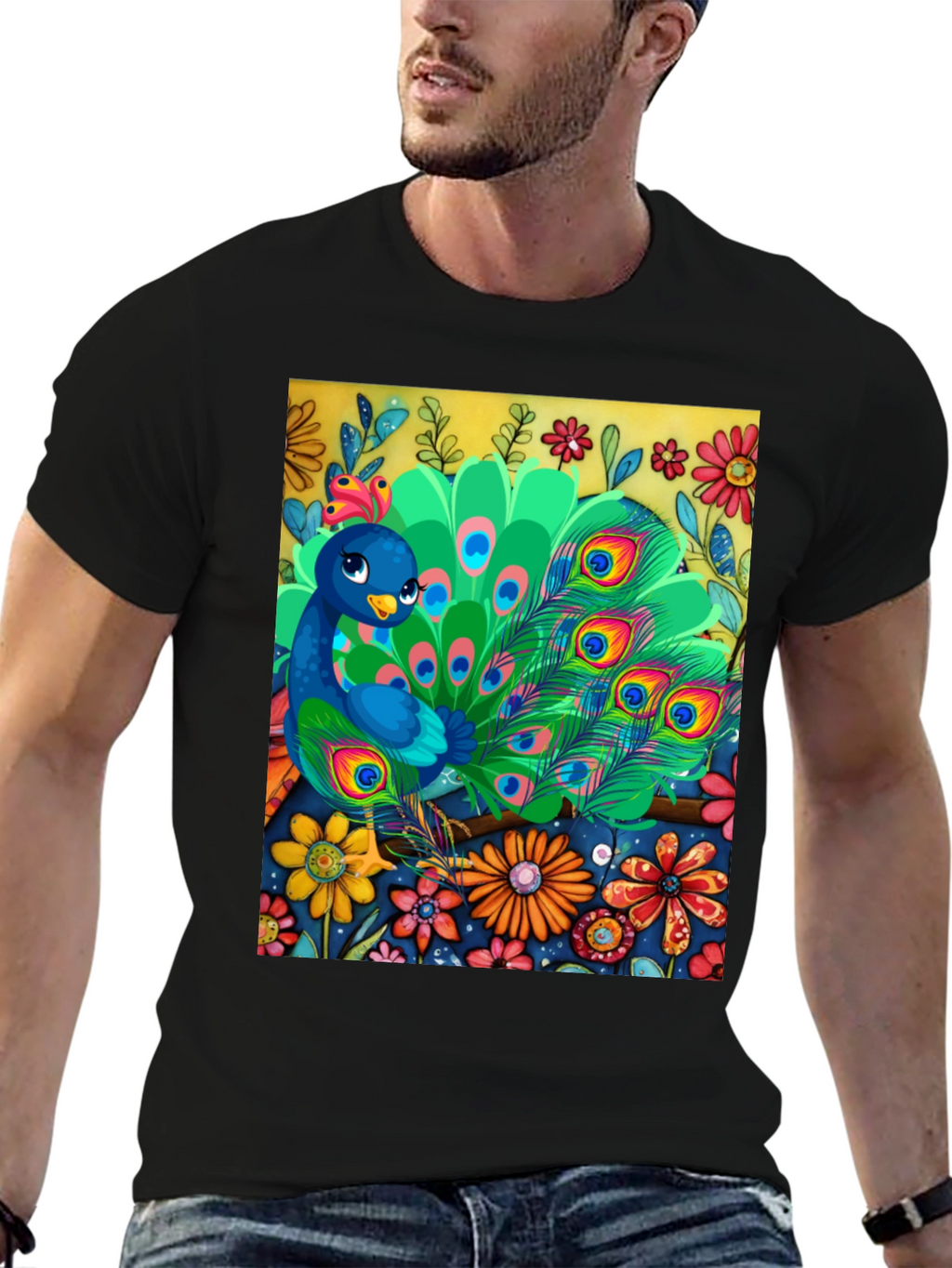 Peacock Floral Graphic Tee - Unique Art Design