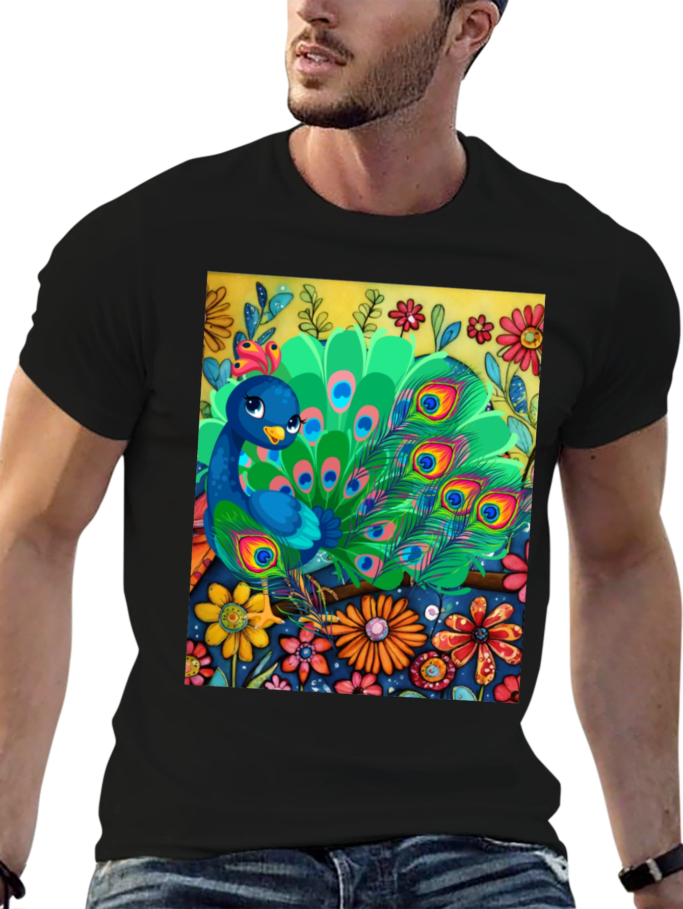 Peacock Floral Graphic Tee - Unique Art Design