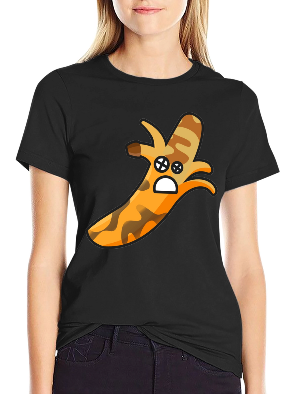 Camouflage Banana Cartoon Graphic Black T-Shirt