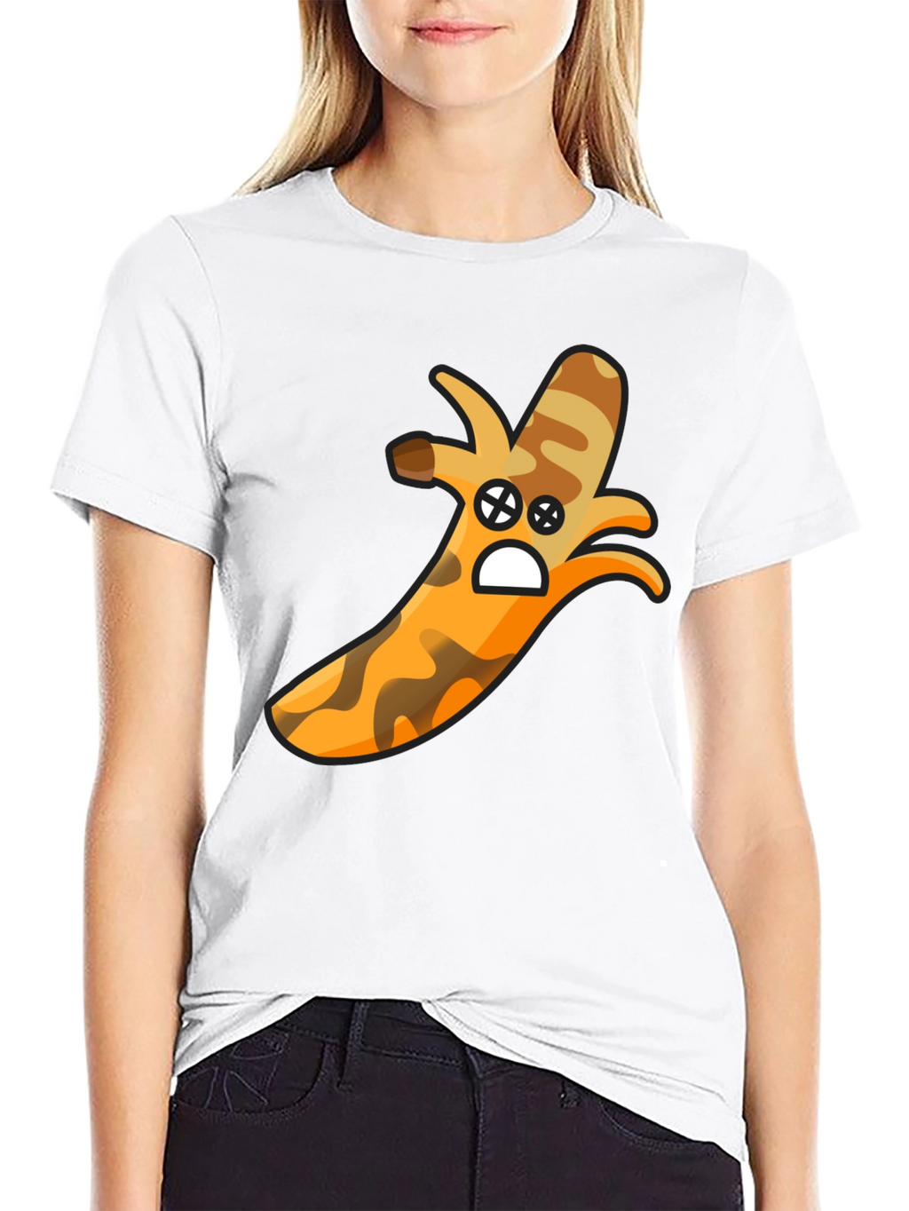 Camouflage Banana Cartoon Graphic Black T-Shirt