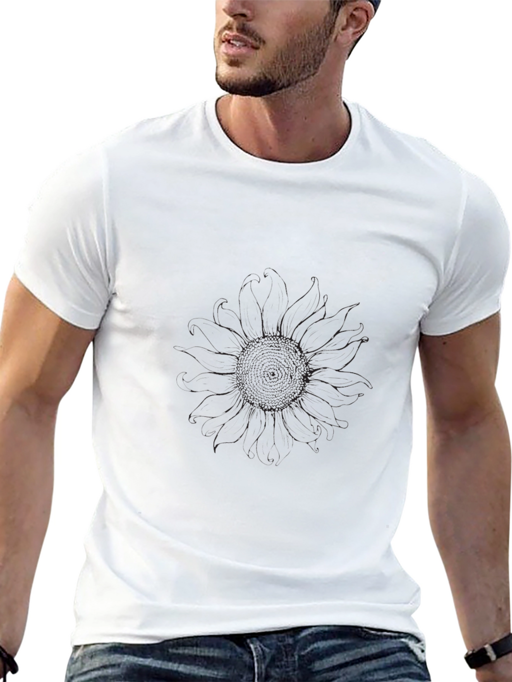 Mens Black T-Shirt - Subtle Sunflower Design
