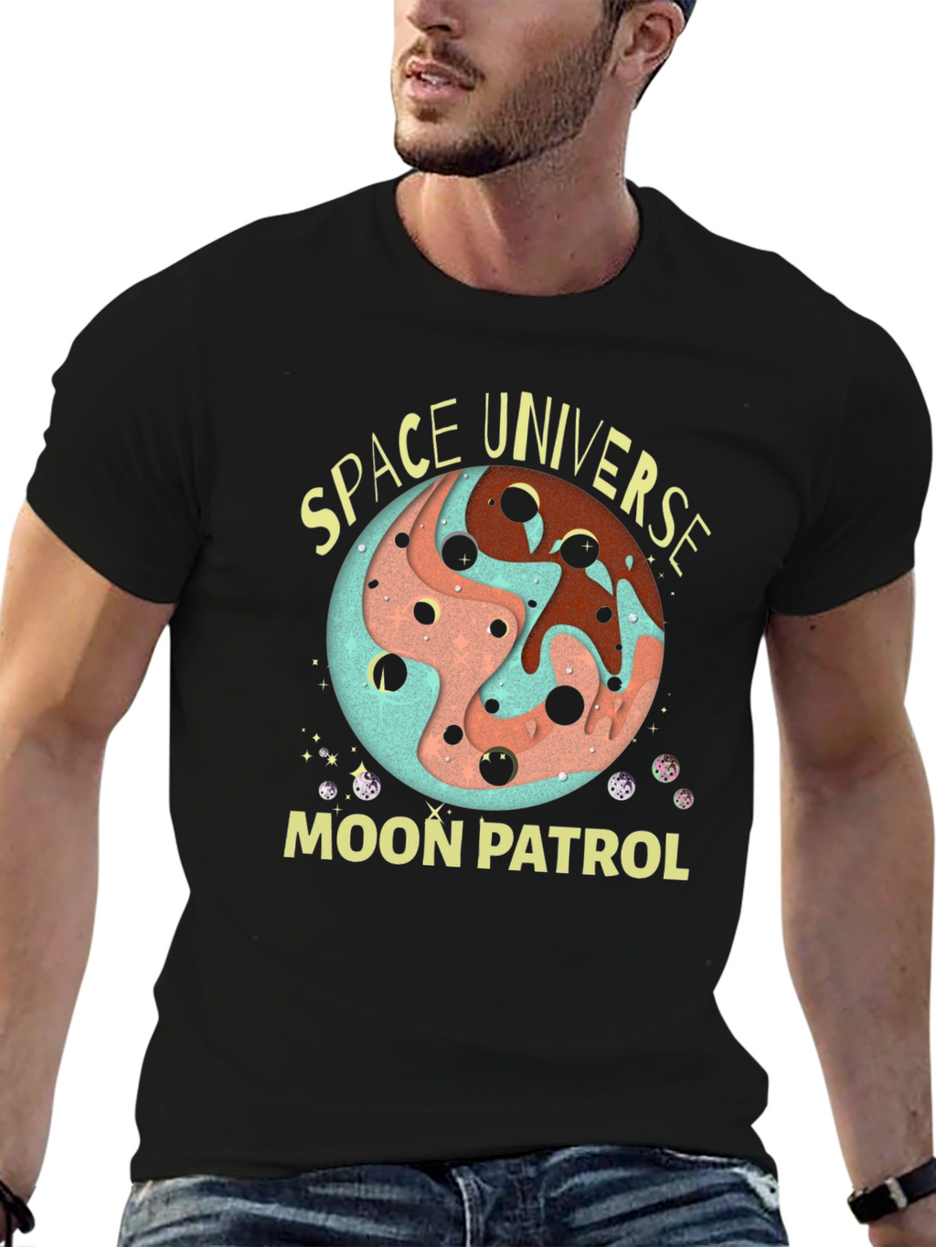Space Universe Moon Patrol Black T-Shirt