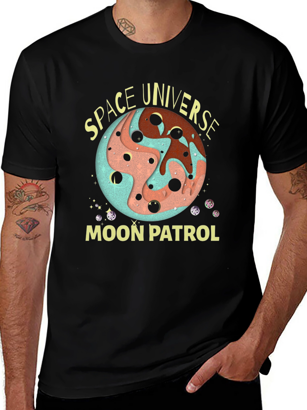 Space Universe Moon Patrol Black T-Shirt