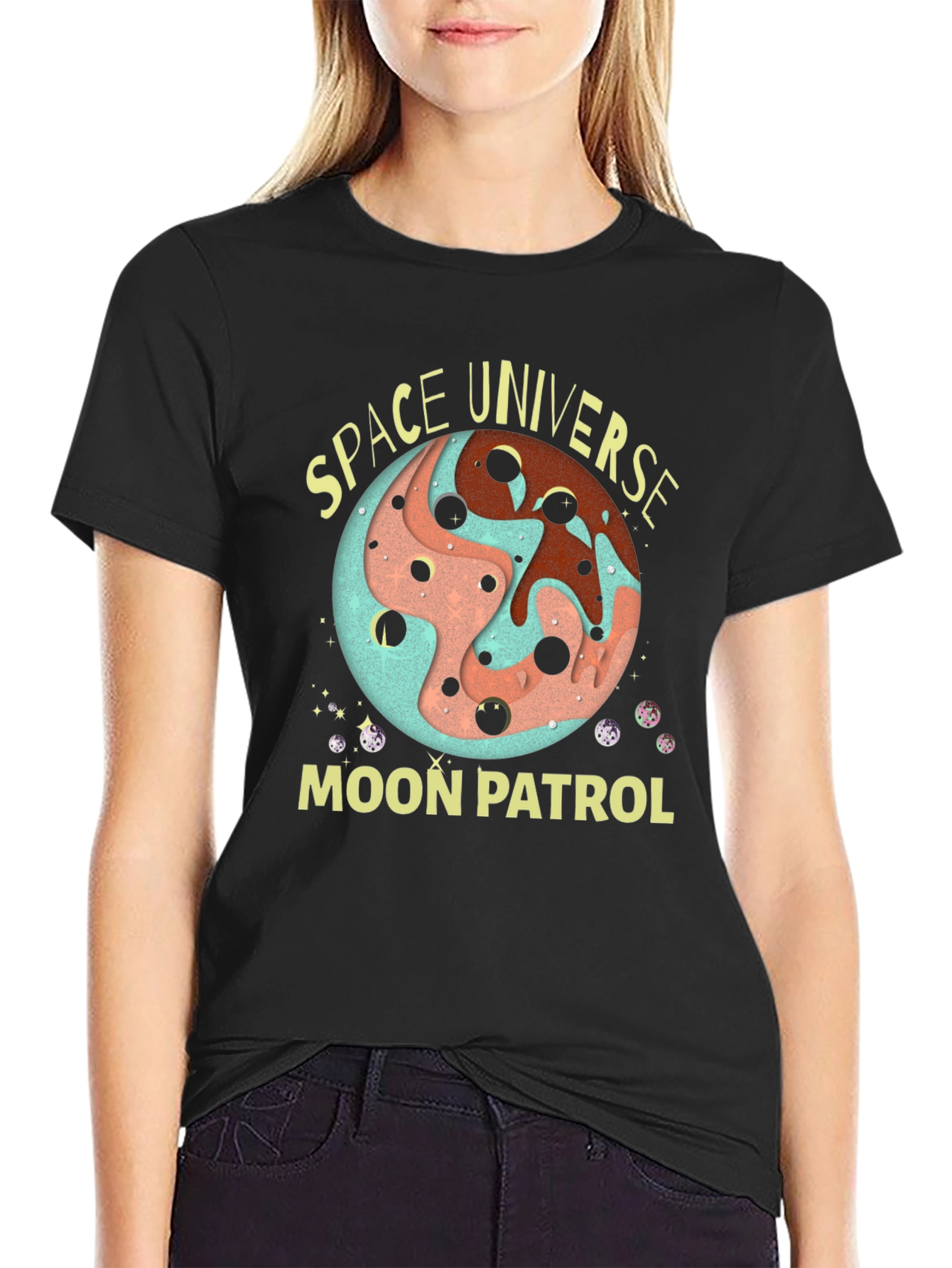 Space Universe Moon Patrol Black T-Shirt