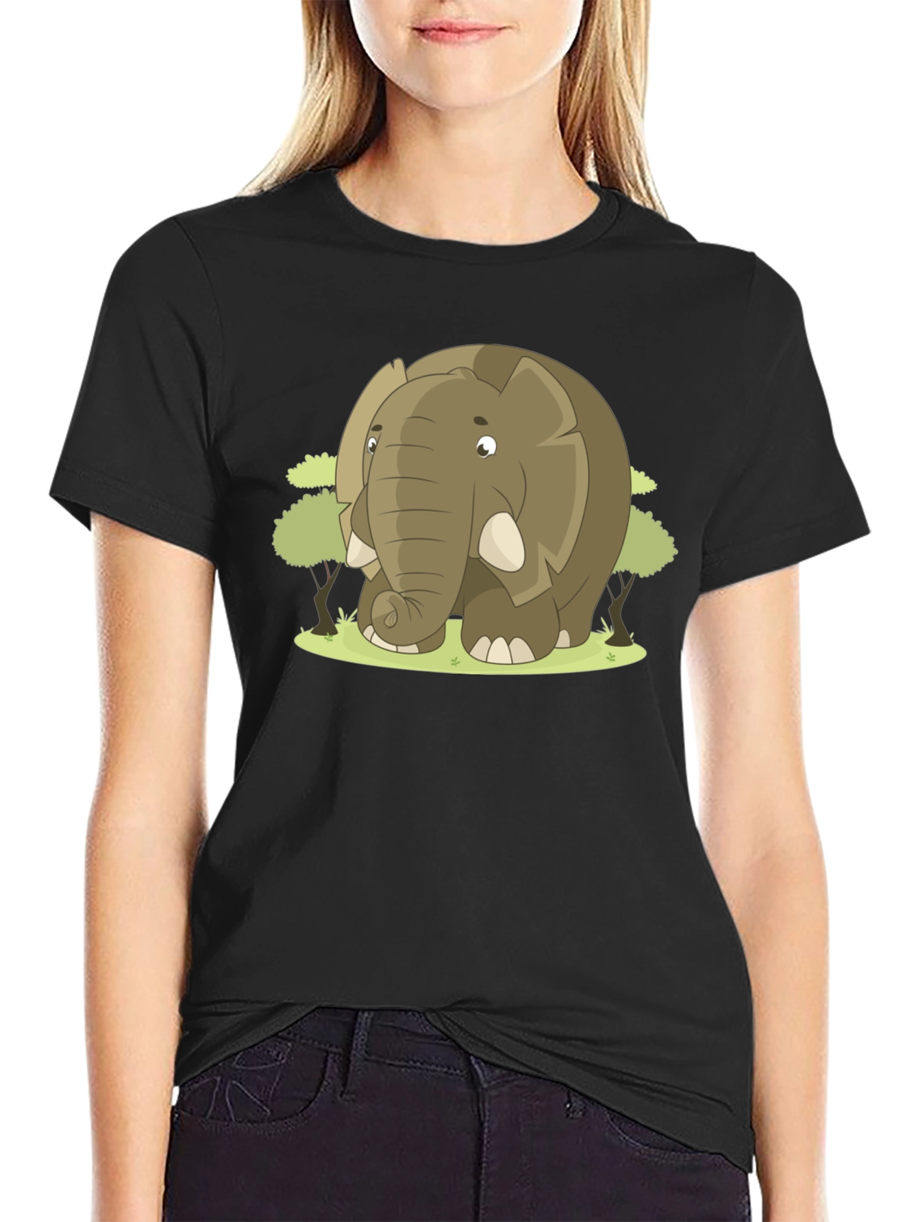Cute Cartoon Elephant Black T-Shirt
