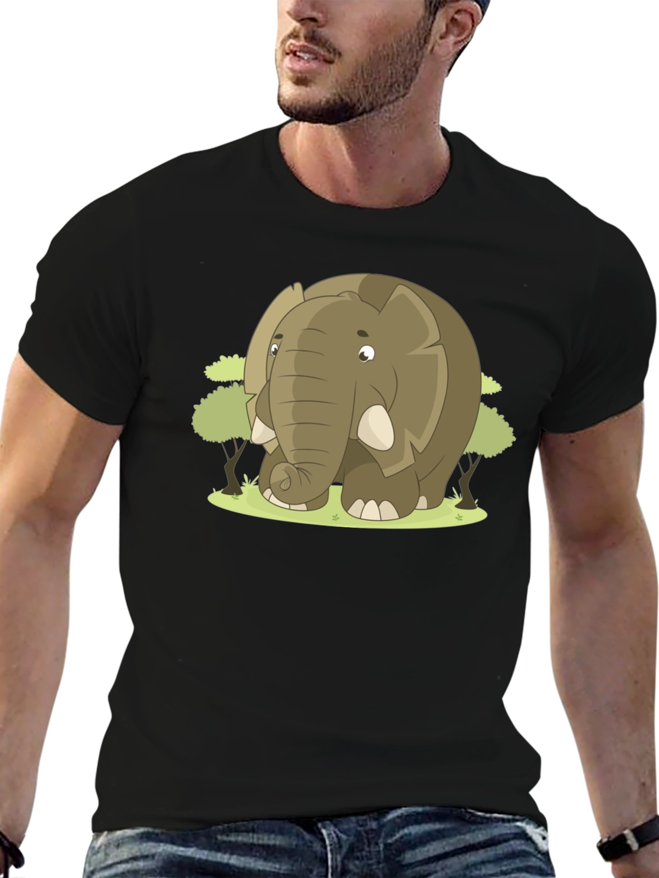 Cute Cartoon Elephant Black T-Shirt