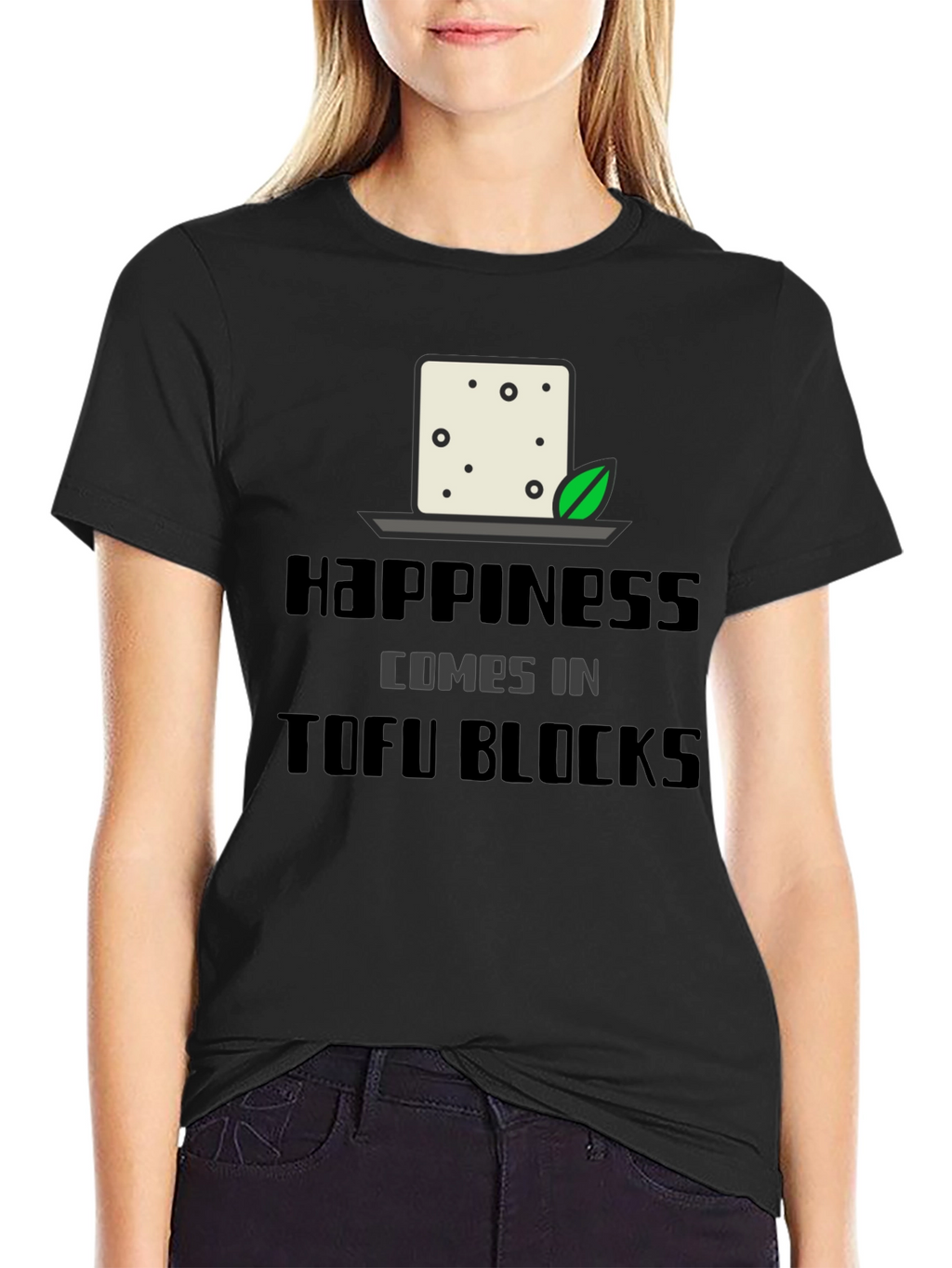 Happiness Comes in Tofu Blocks Black Graphic Tee