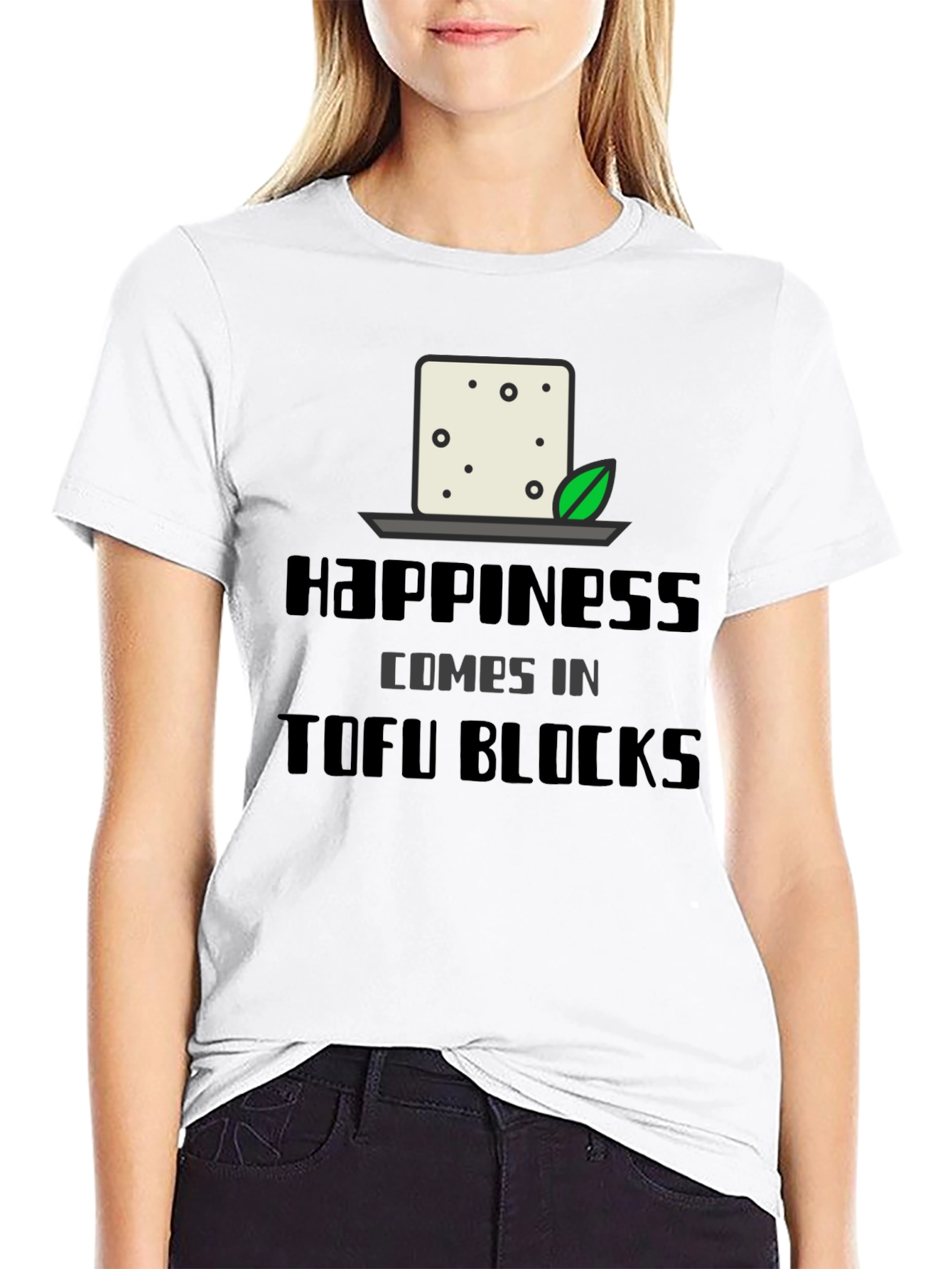 Happiness Comes in Tofu Blocks Black Graphic Tee