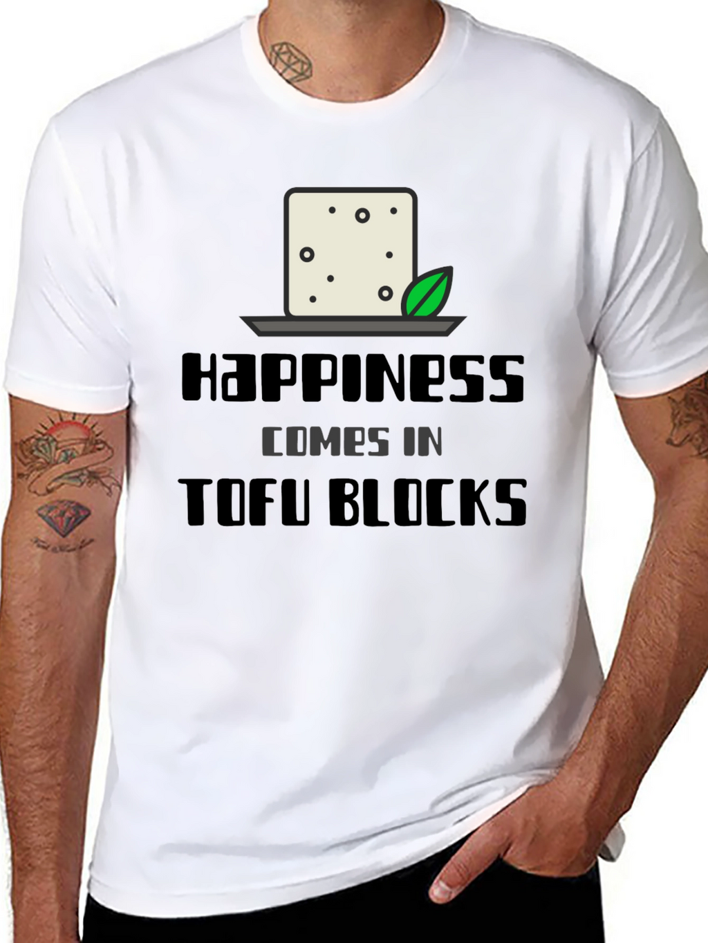 Happiness Comes in Tofu Blocks Black Graphic Tee
