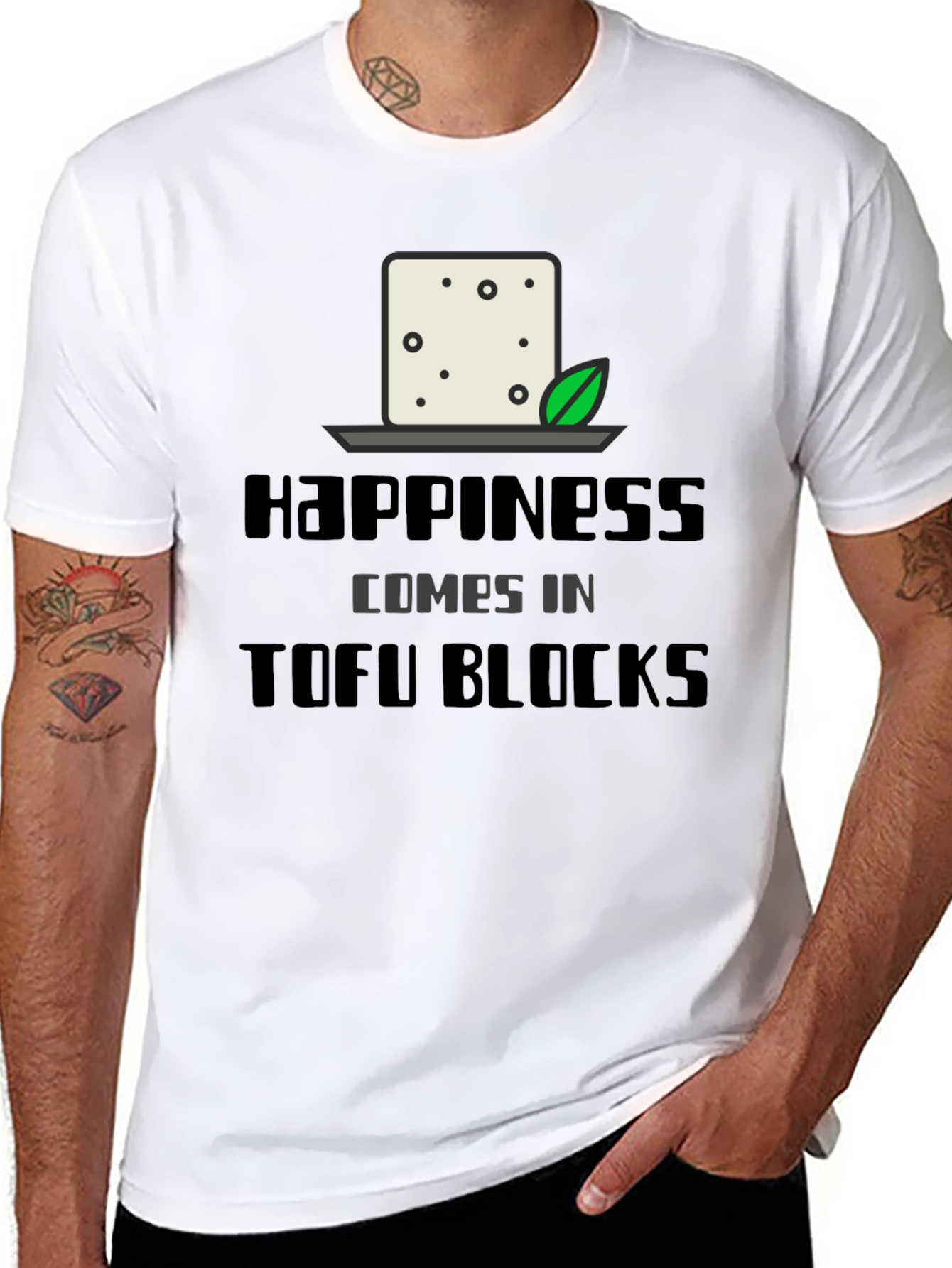 Happiness Comes in Tofu Blocks Black Graphic Tee