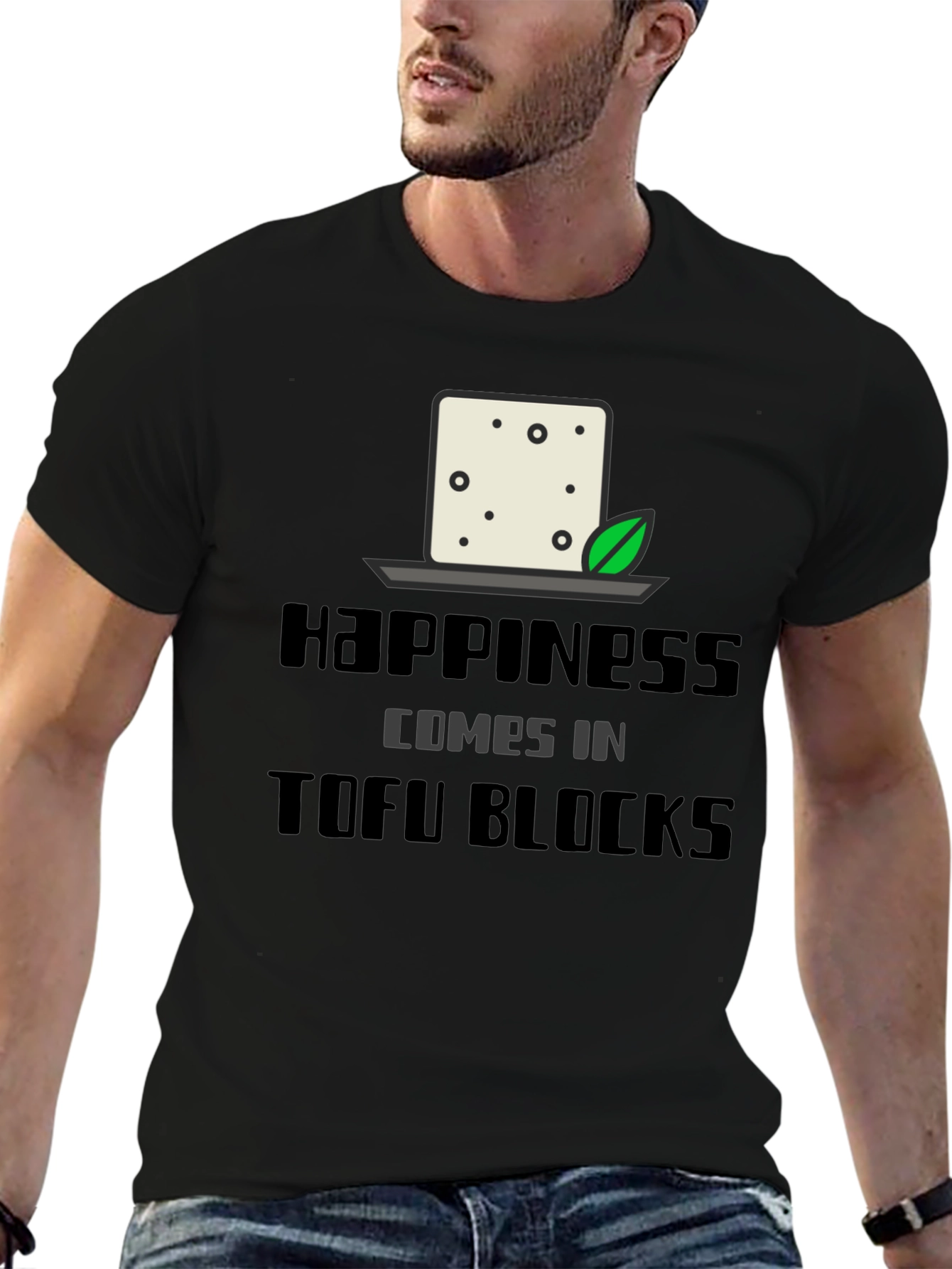 Happiness Comes in Tofu Blocks Black Graphic Tee
