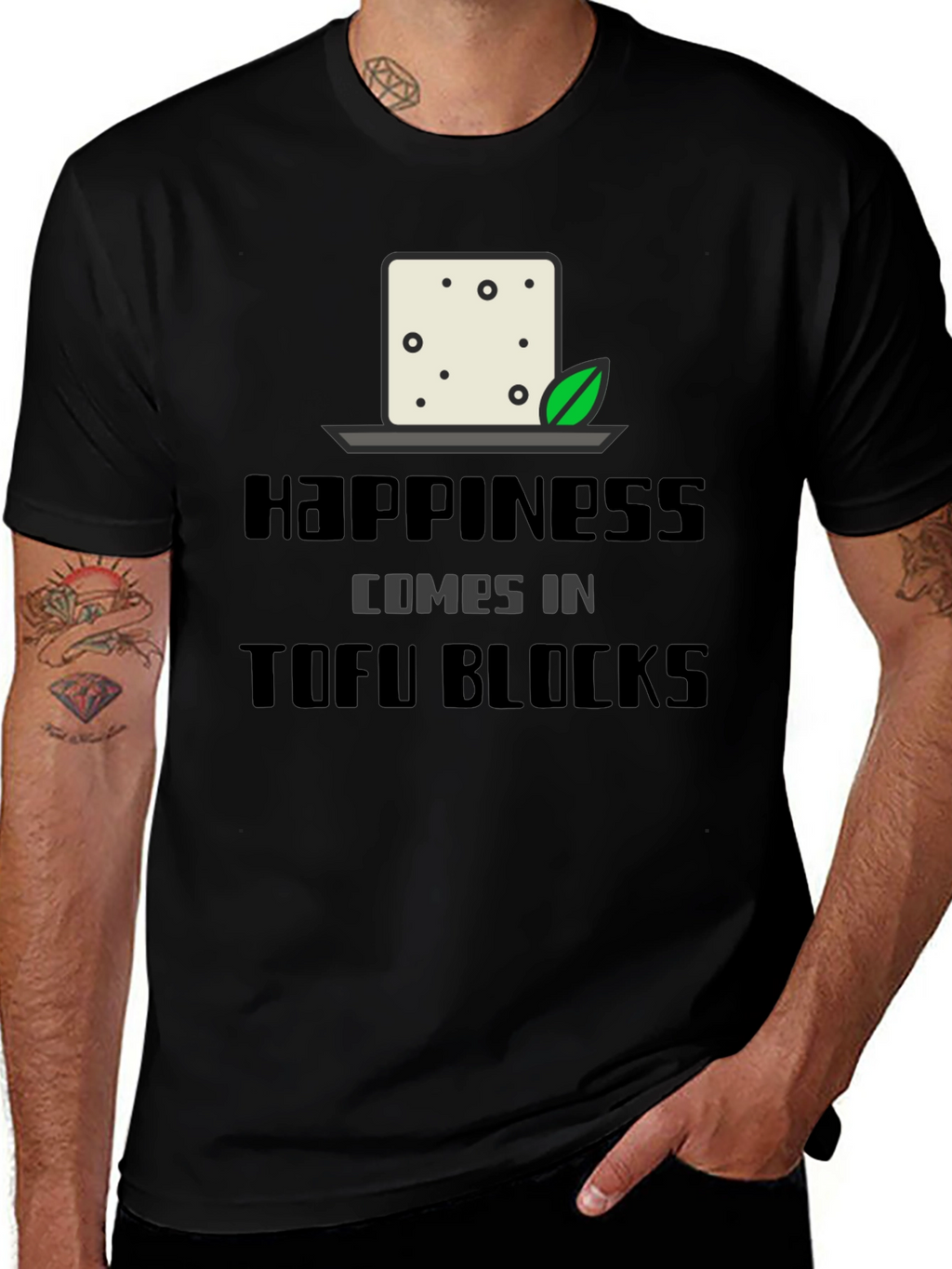 Happiness Comes in Tofu Blocks Black Graphic Tee