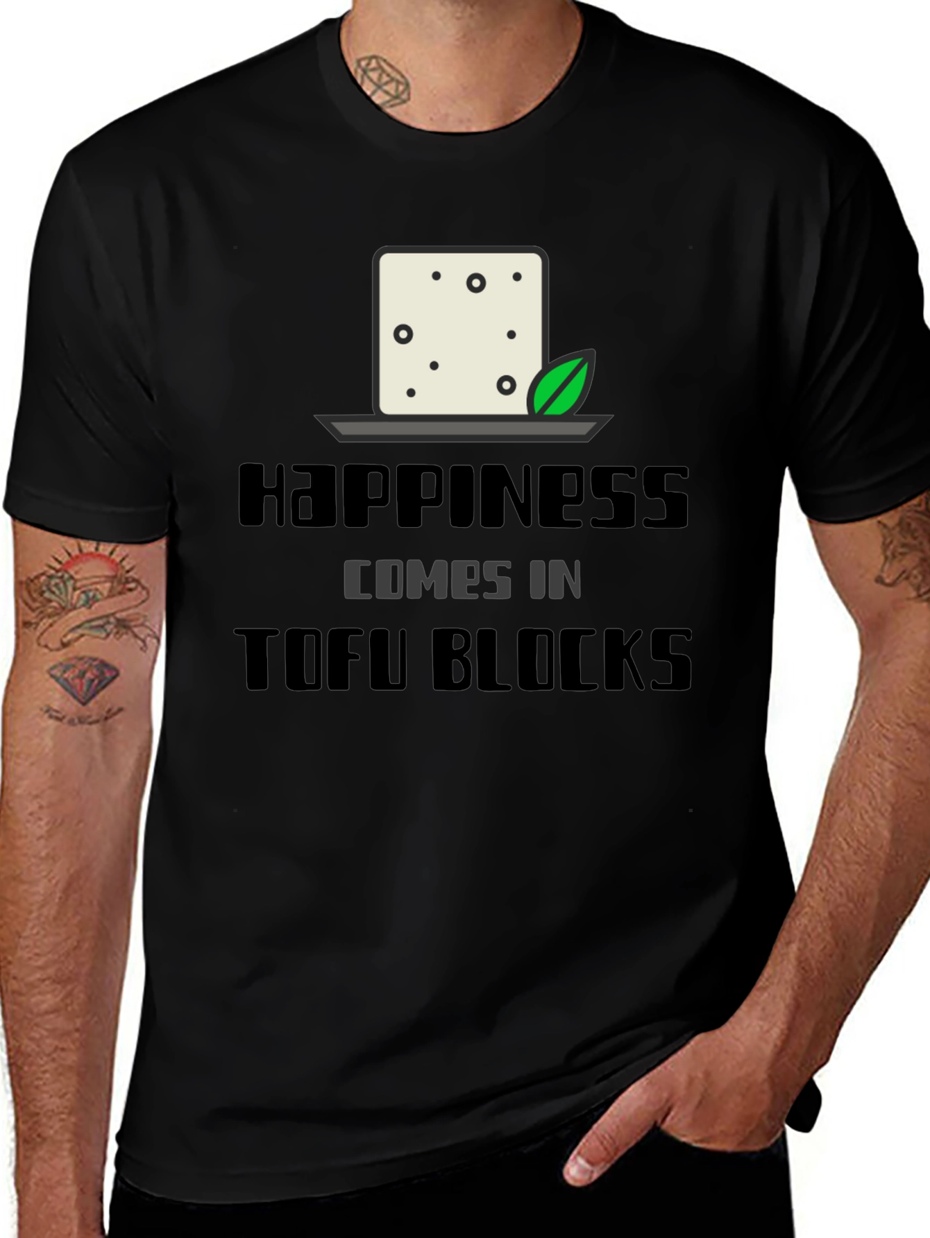 Happiness Comes in Tofu Blocks Black Graphic Tee