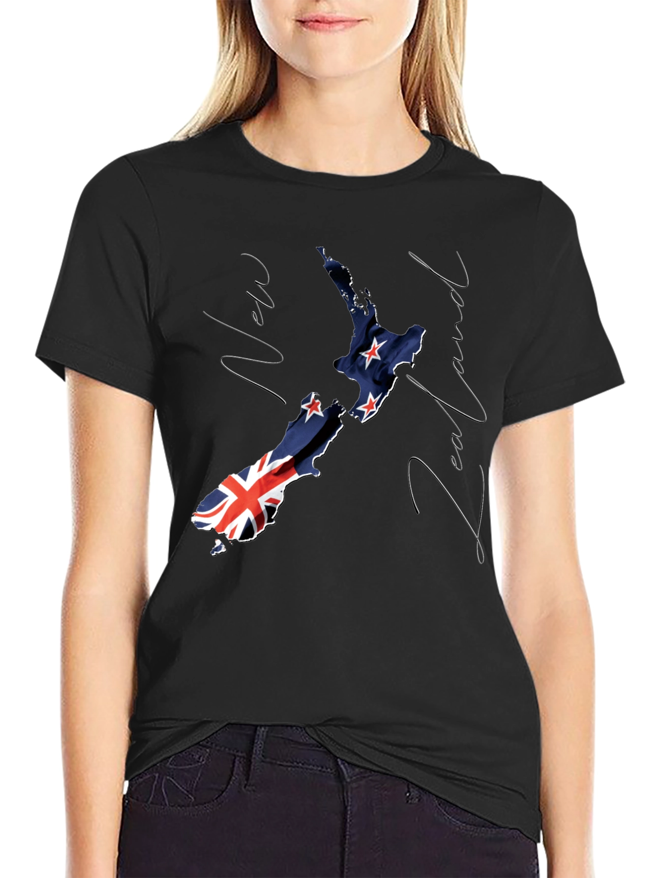 New Zealand Flag Map Black Graphic T-Shirt