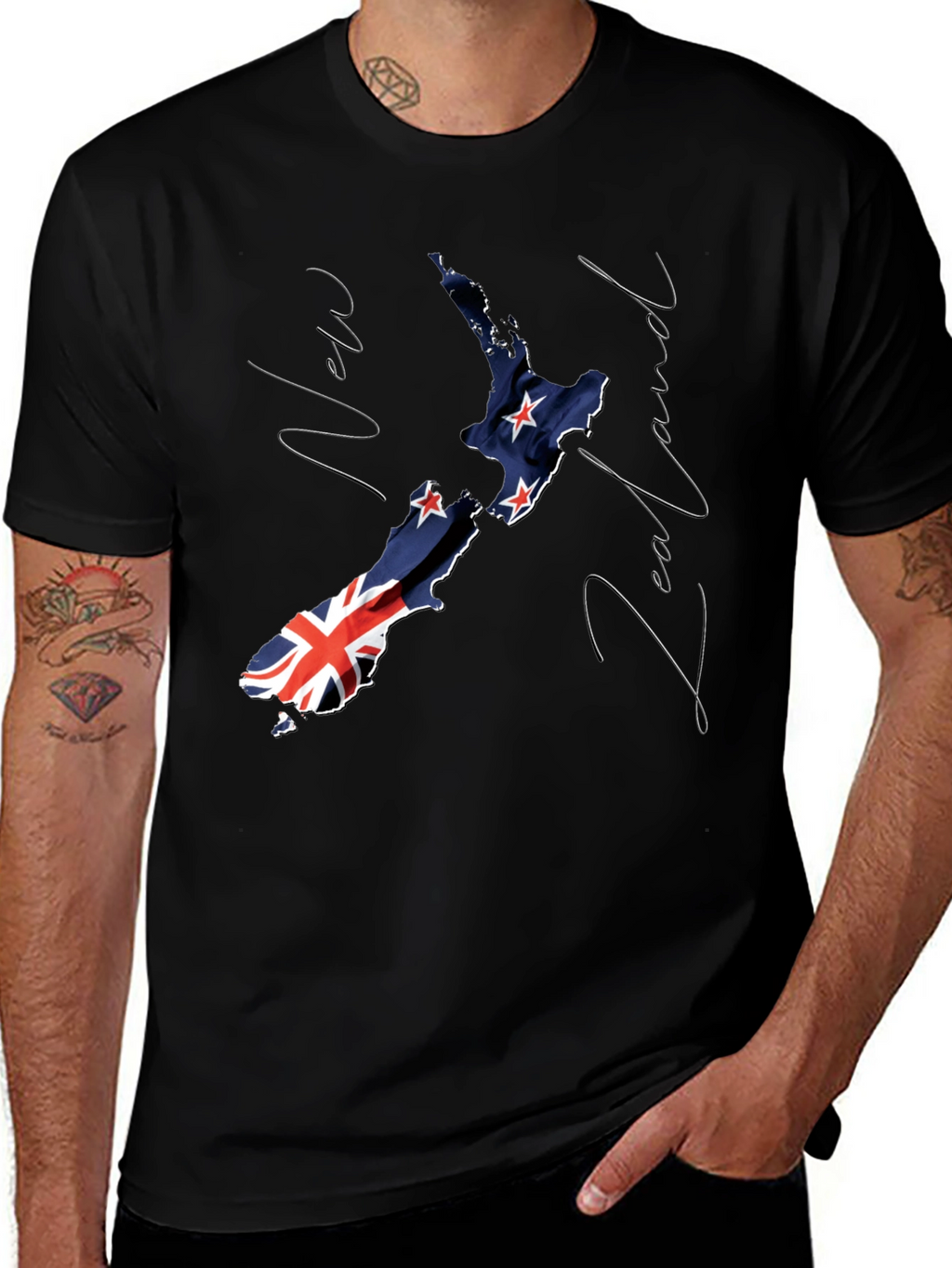 New Zealand Flag Map Black Graphic T-Shirt