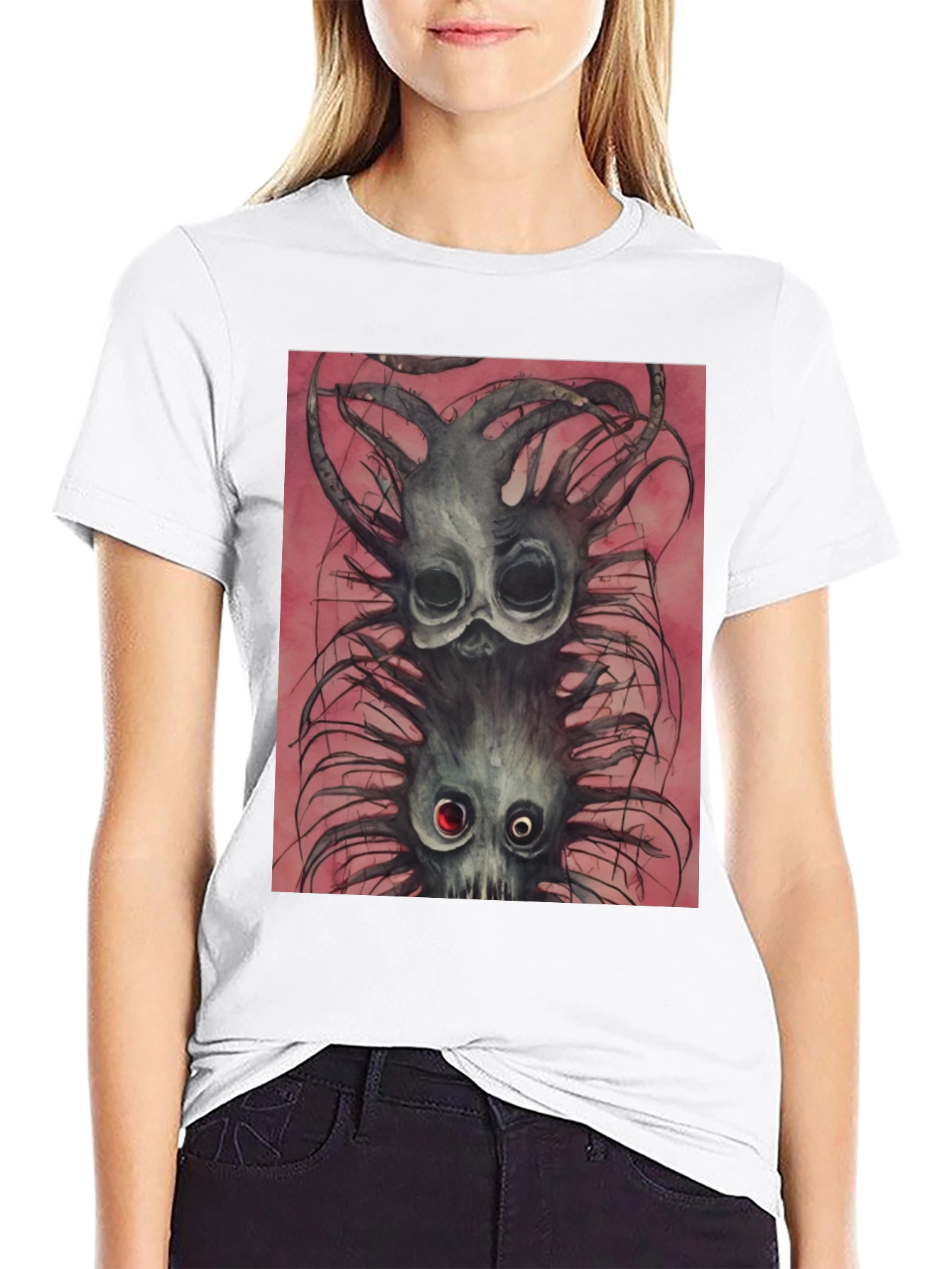Black Tee with Spooky Creature Graphic