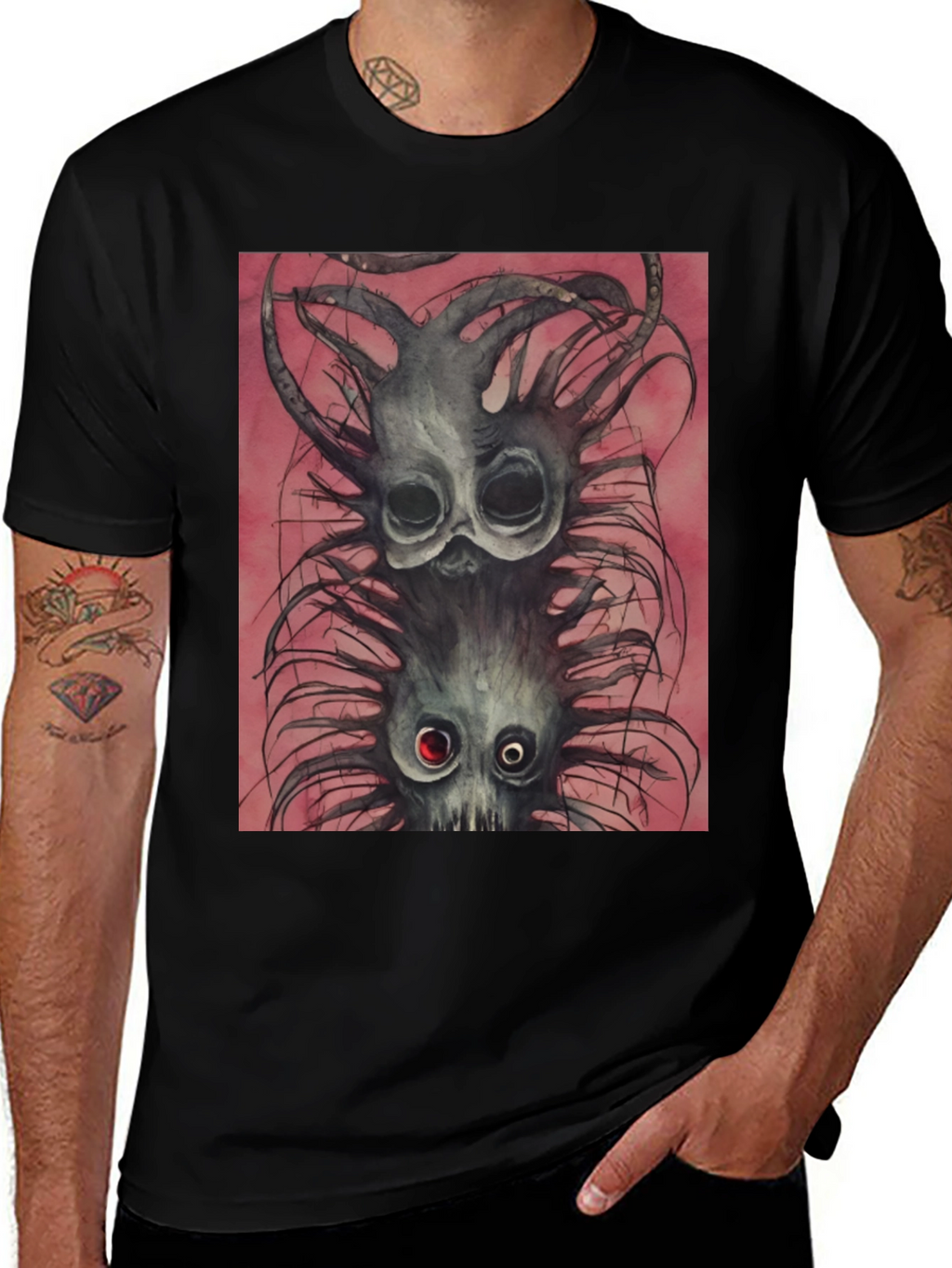 Black Tee with Spooky Creature Graphic