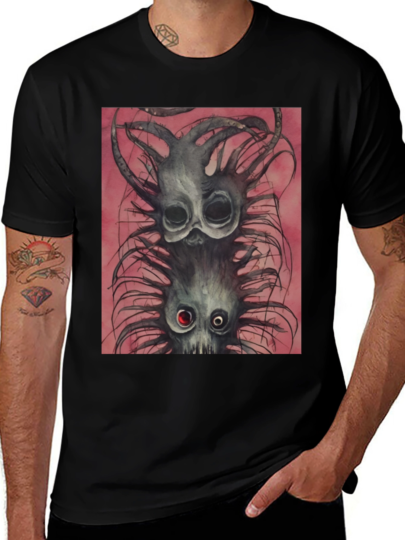 Black Tee with Spooky Creature Graphic