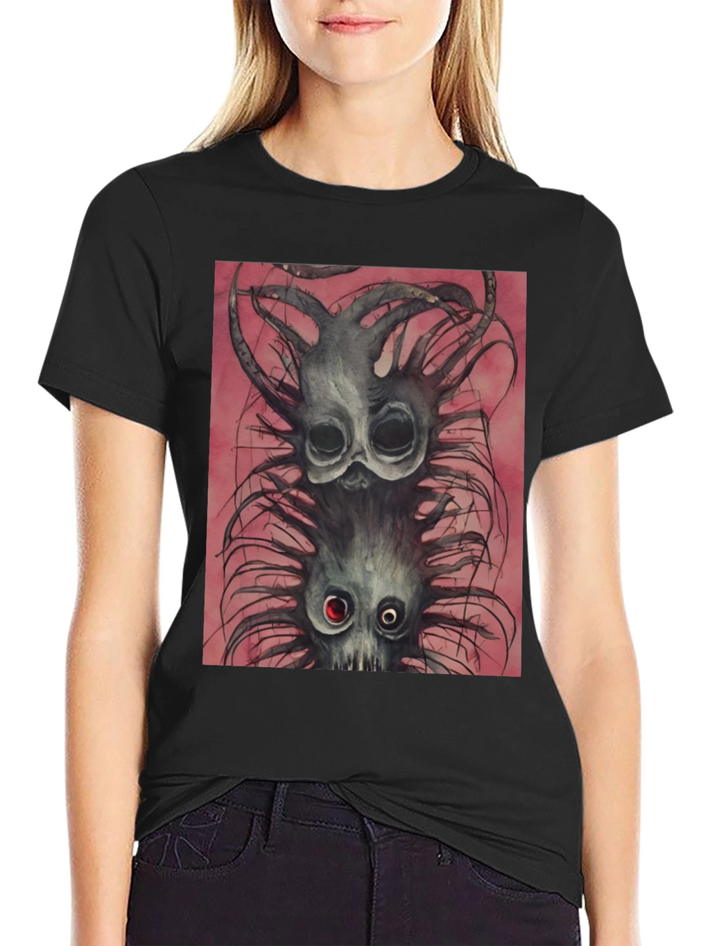 Black Tee with Spooky Creature Graphic