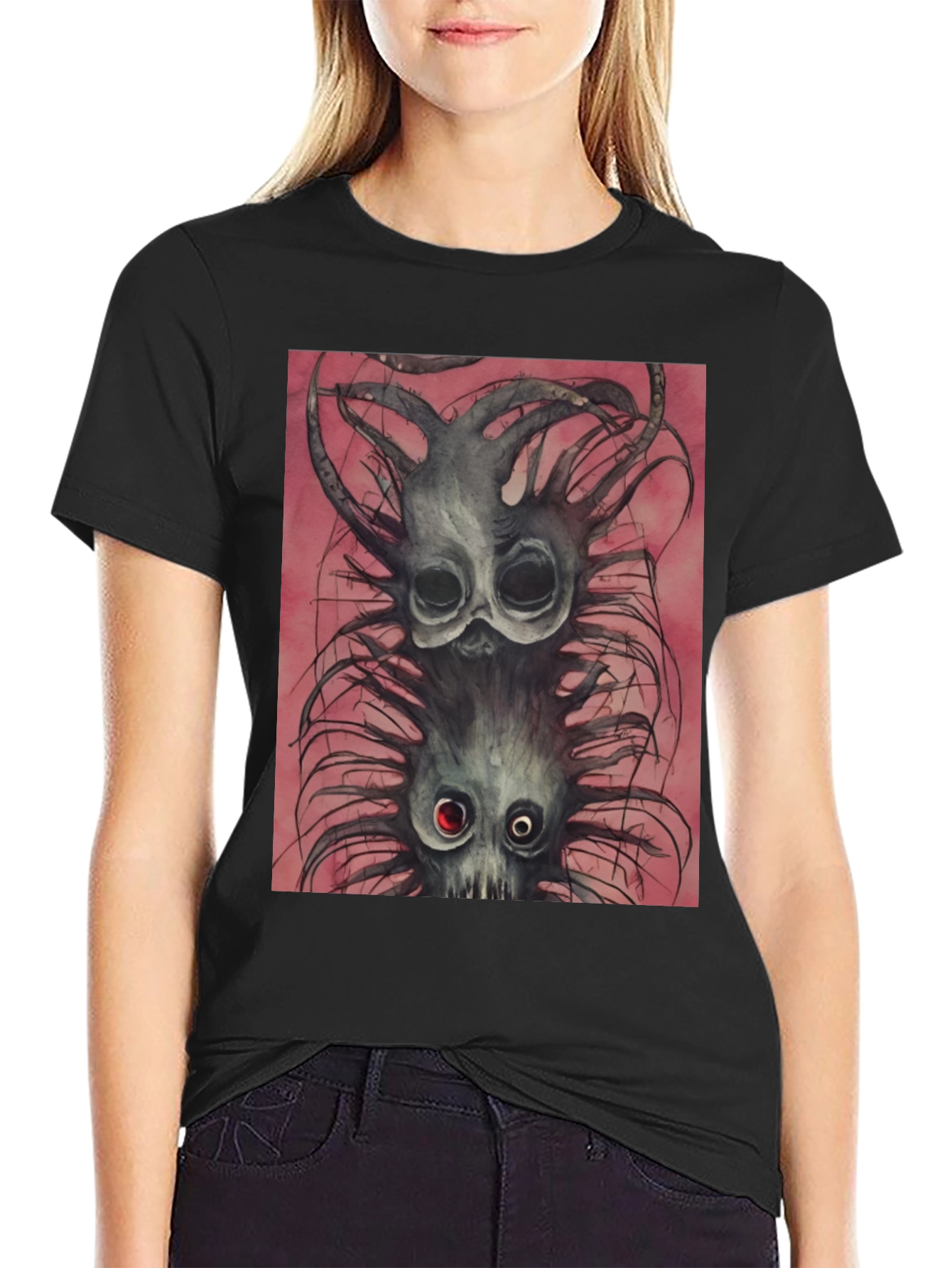 Black Tee with Spooky Creature Graphic