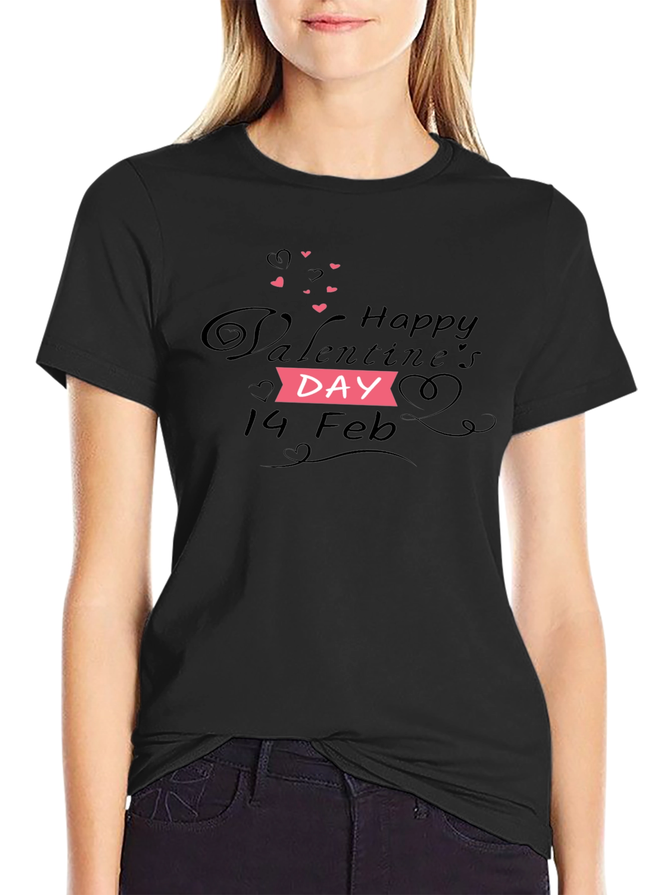 Happy Valentines Day T-Shirt - Black Cotton Blend Tee