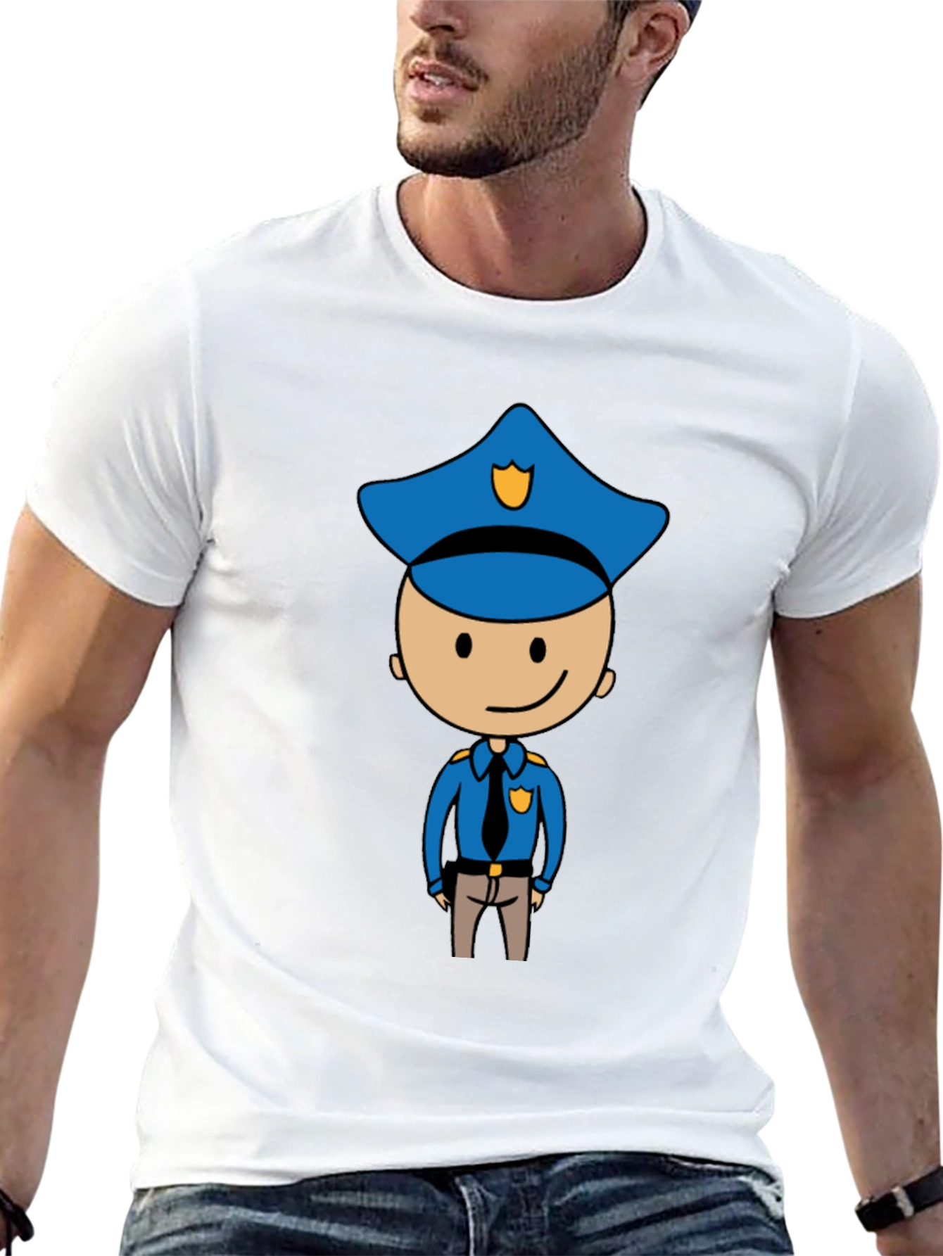 Cartoon Cop Graphic Tee - Black Cotton T-Shirt