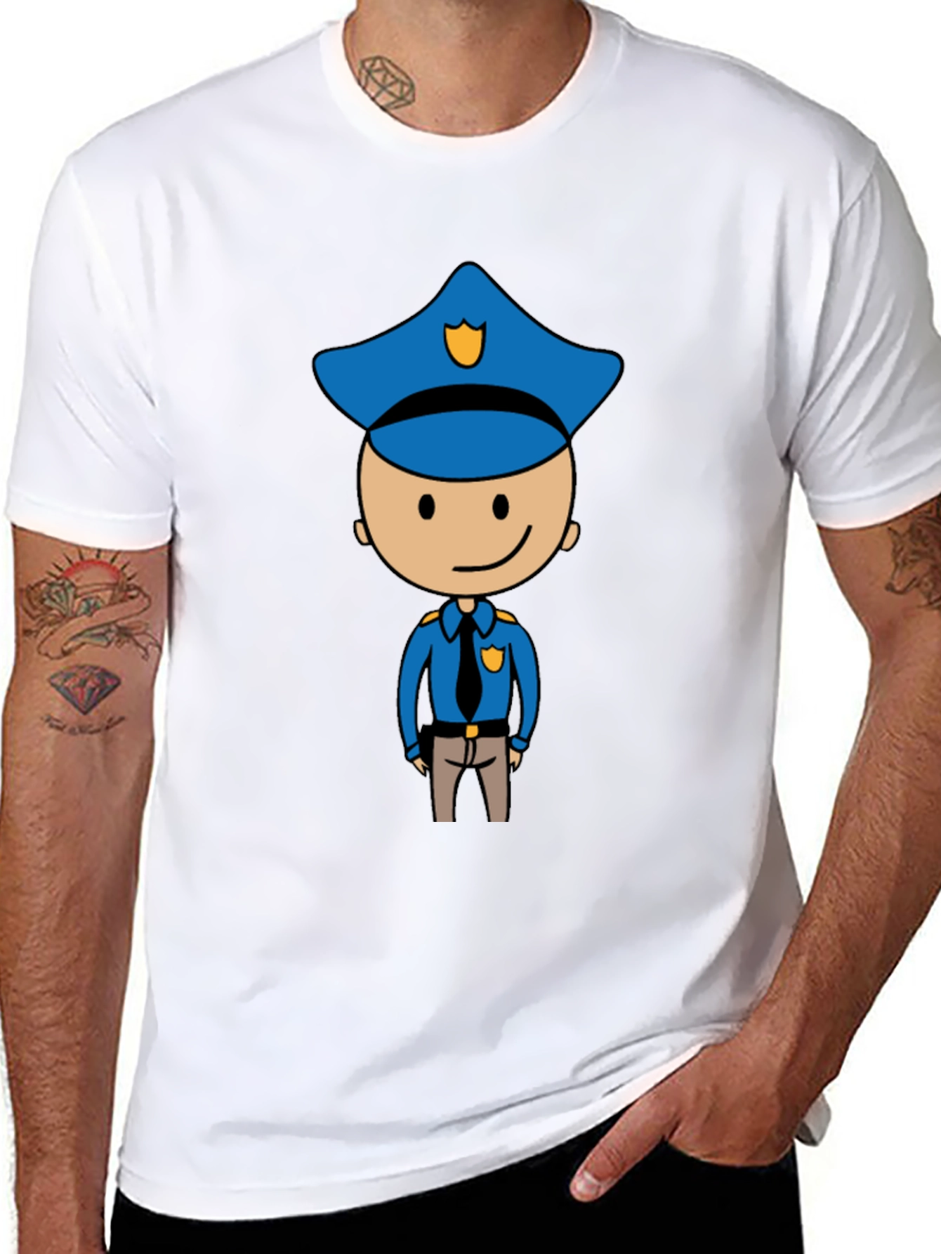 Cartoon Cop Graphic Tee - Black Cotton T-Shirt