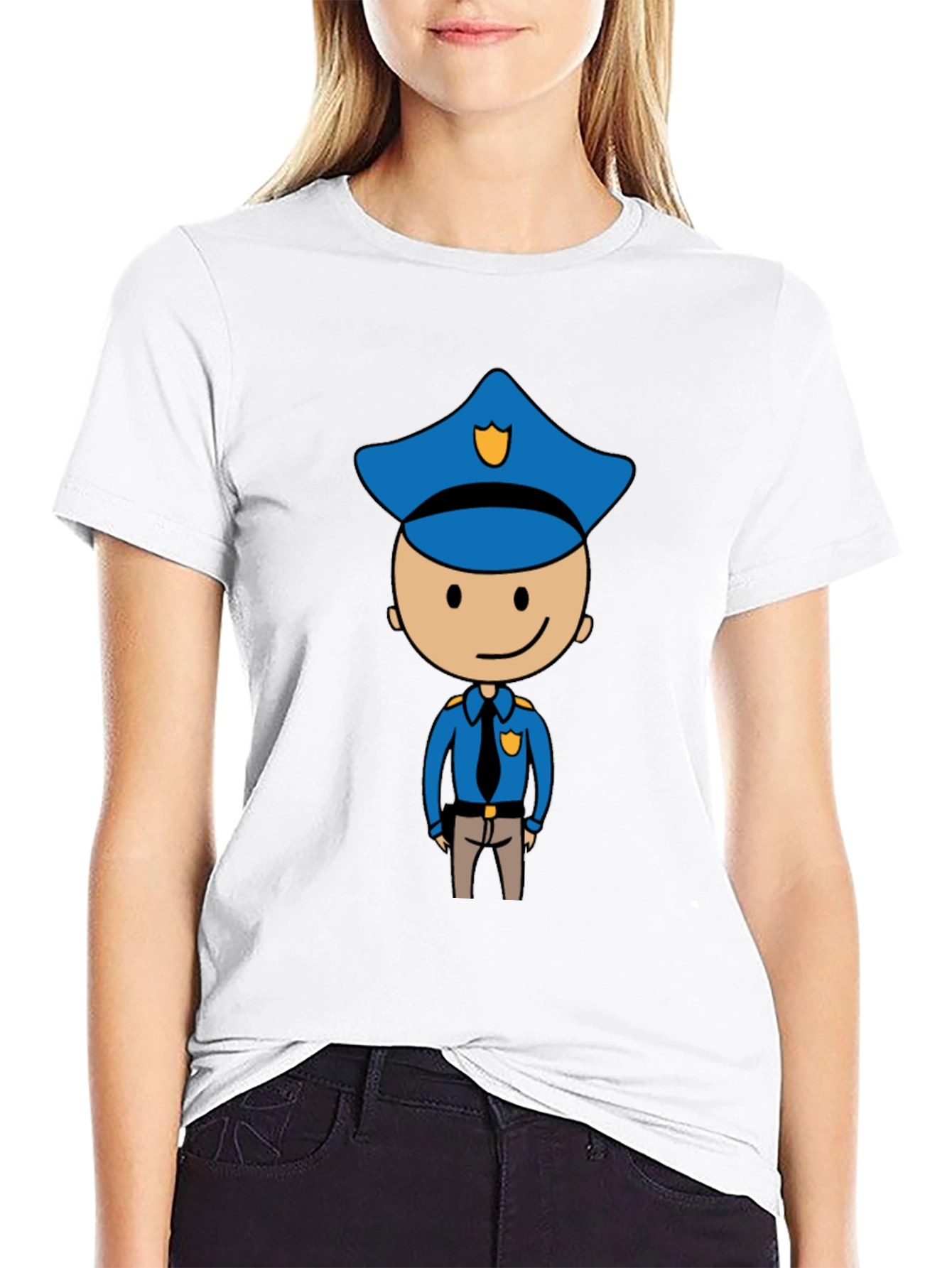 Cartoon Cop Graphic Tee - Black Cotton T-Shirt