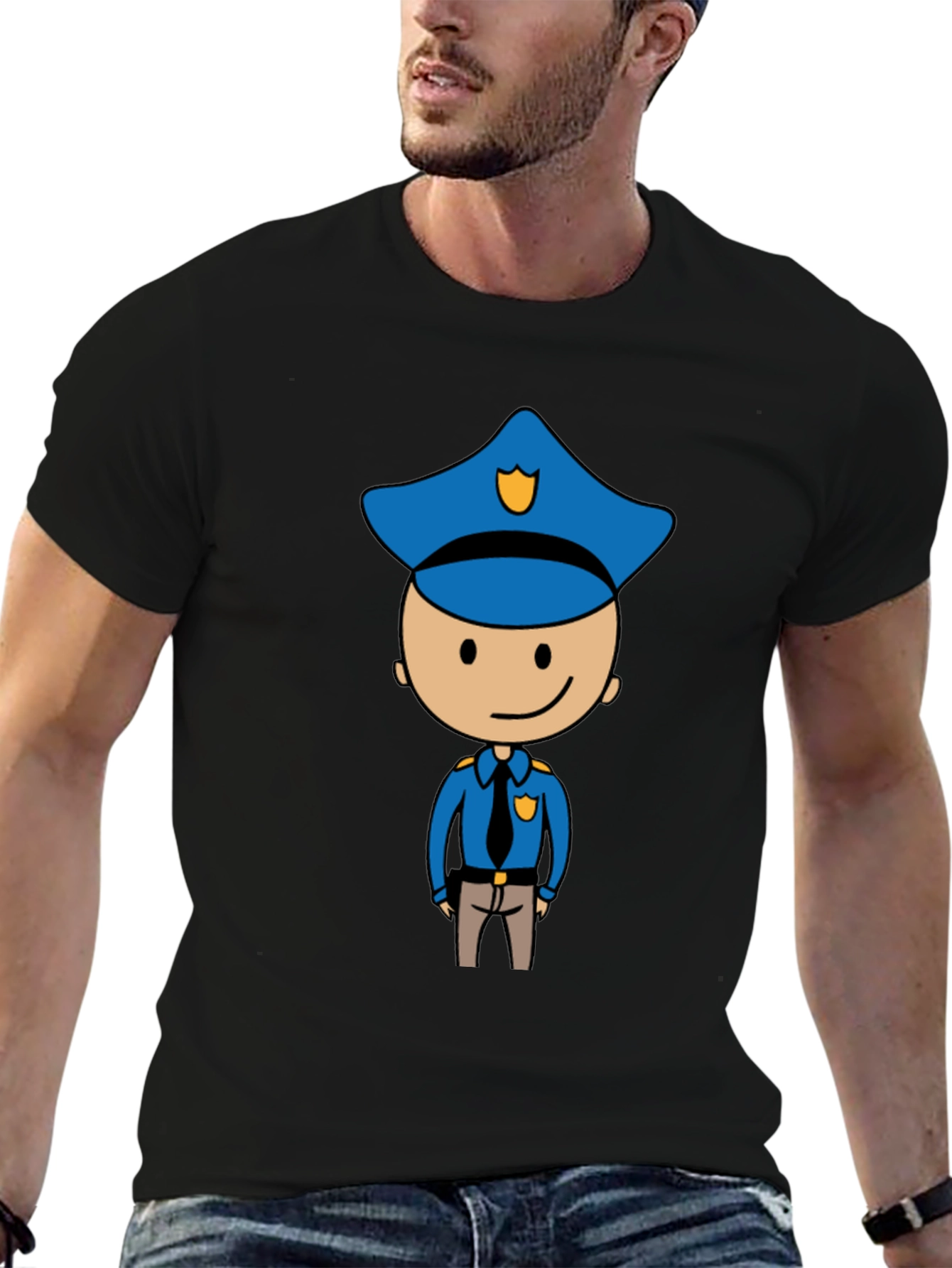 Cartoon Cop Graphic Tee - Black Cotton T-Shirt