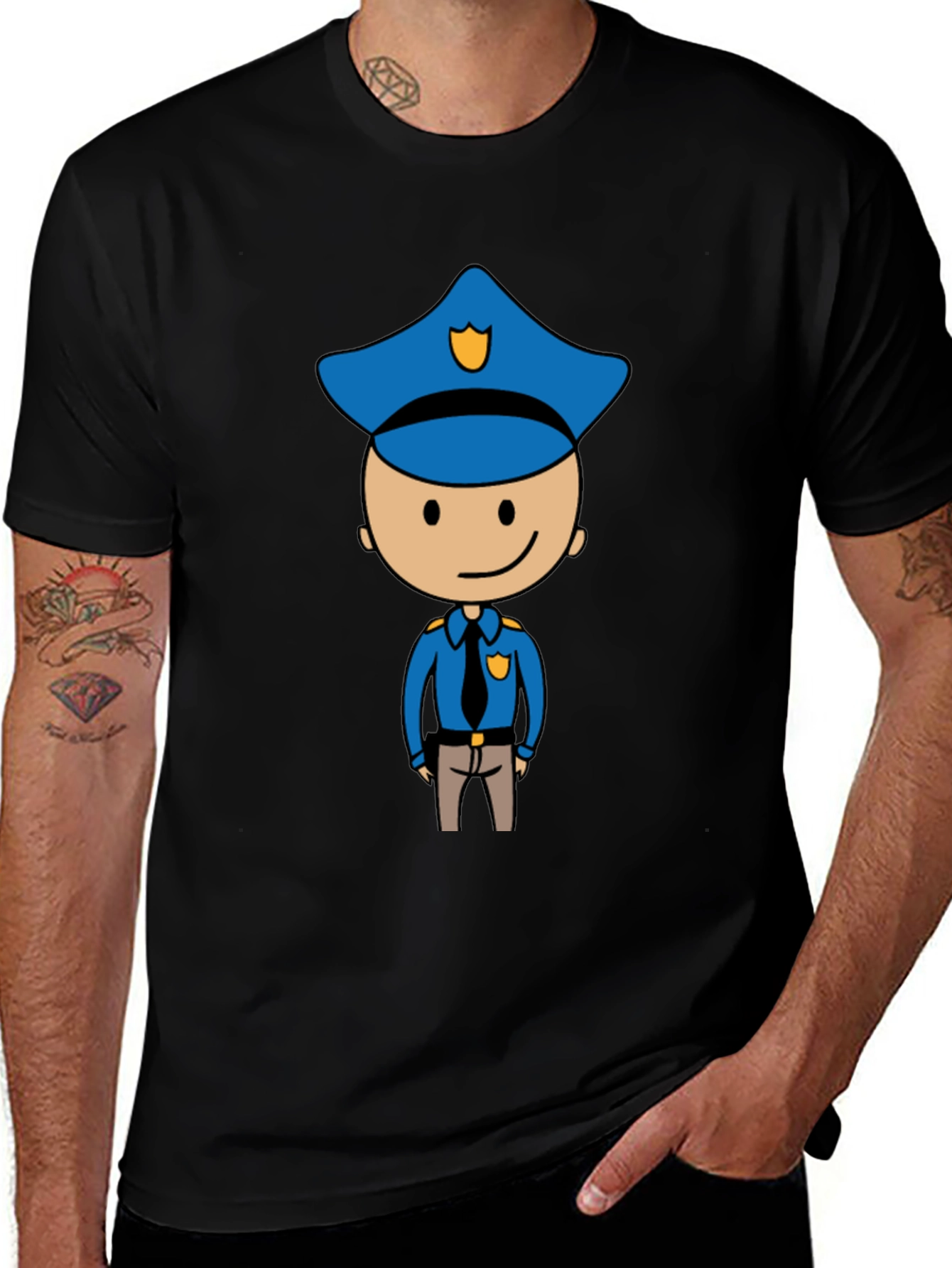 Cartoon Cop Graphic Tee - Black Cotton T-Shirt
