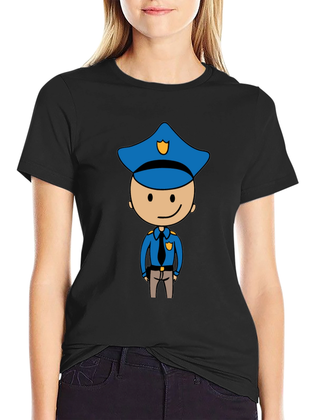 Cartoon Cop Graphic Tee - Black Cotton T-Shirt