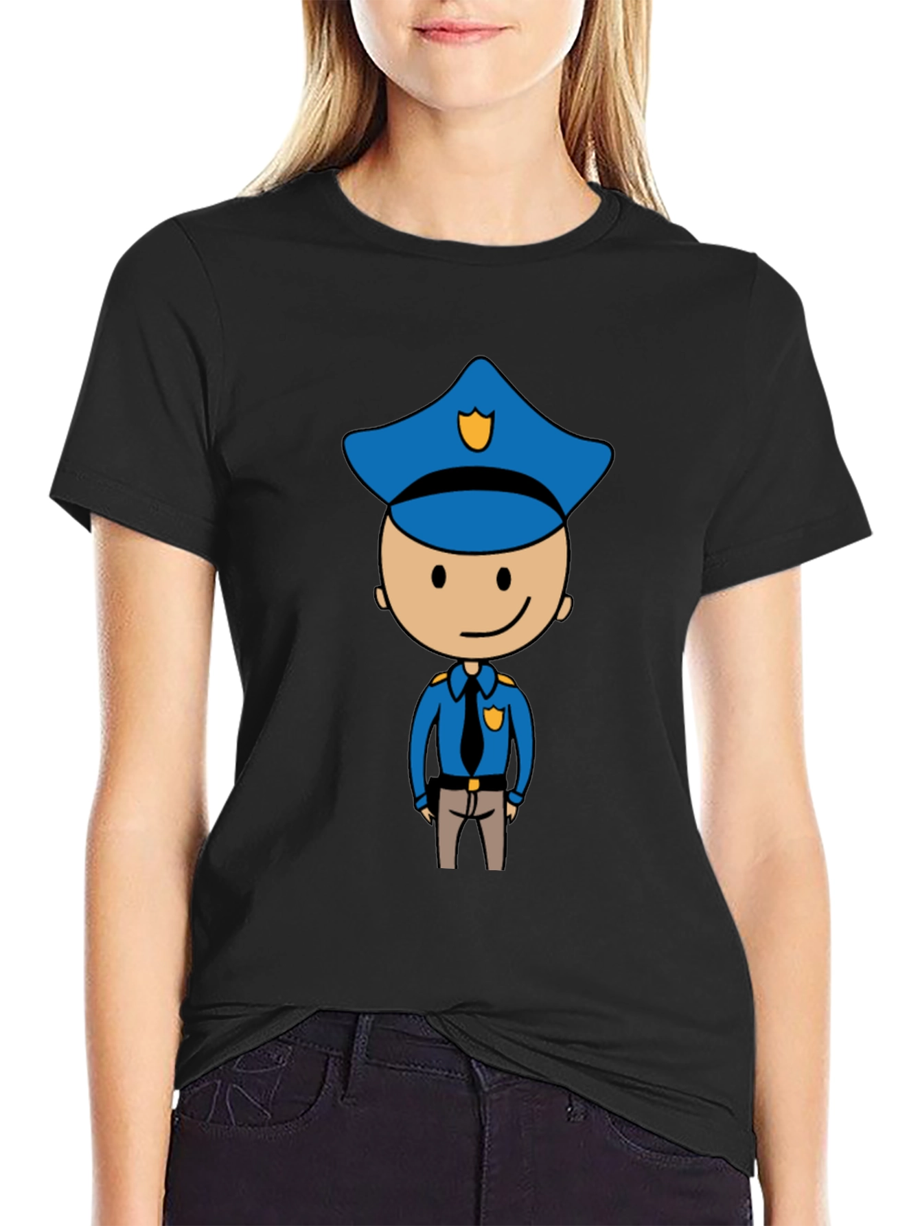 Cartoon Cop Graphic Tee - Black Cotton T-Shirt