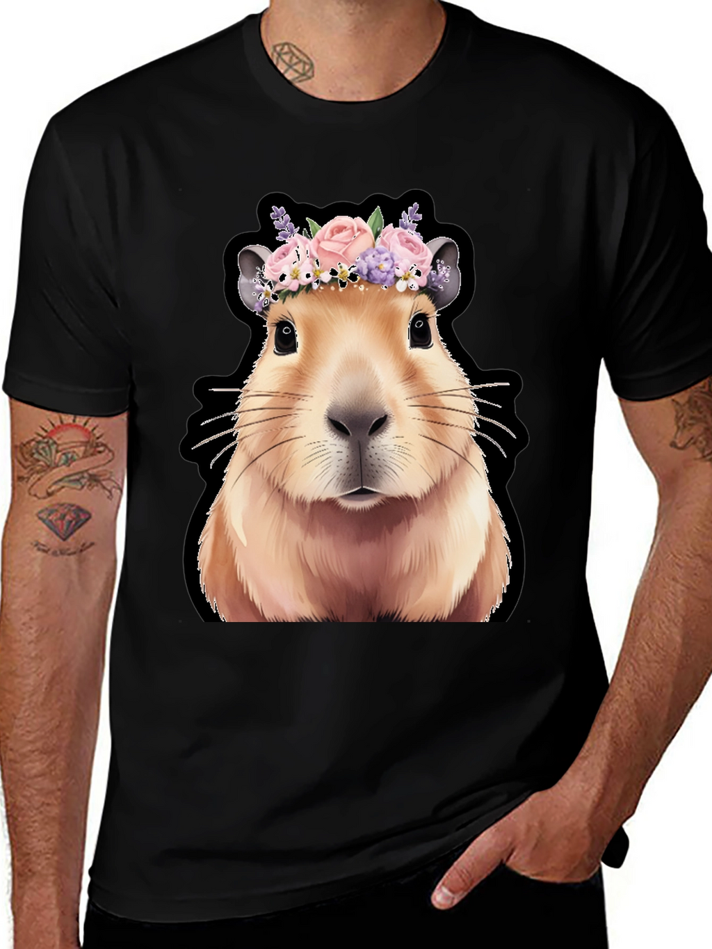 Capybara Flower Crown Graphic Tee - Trendy Animal T-Shirt