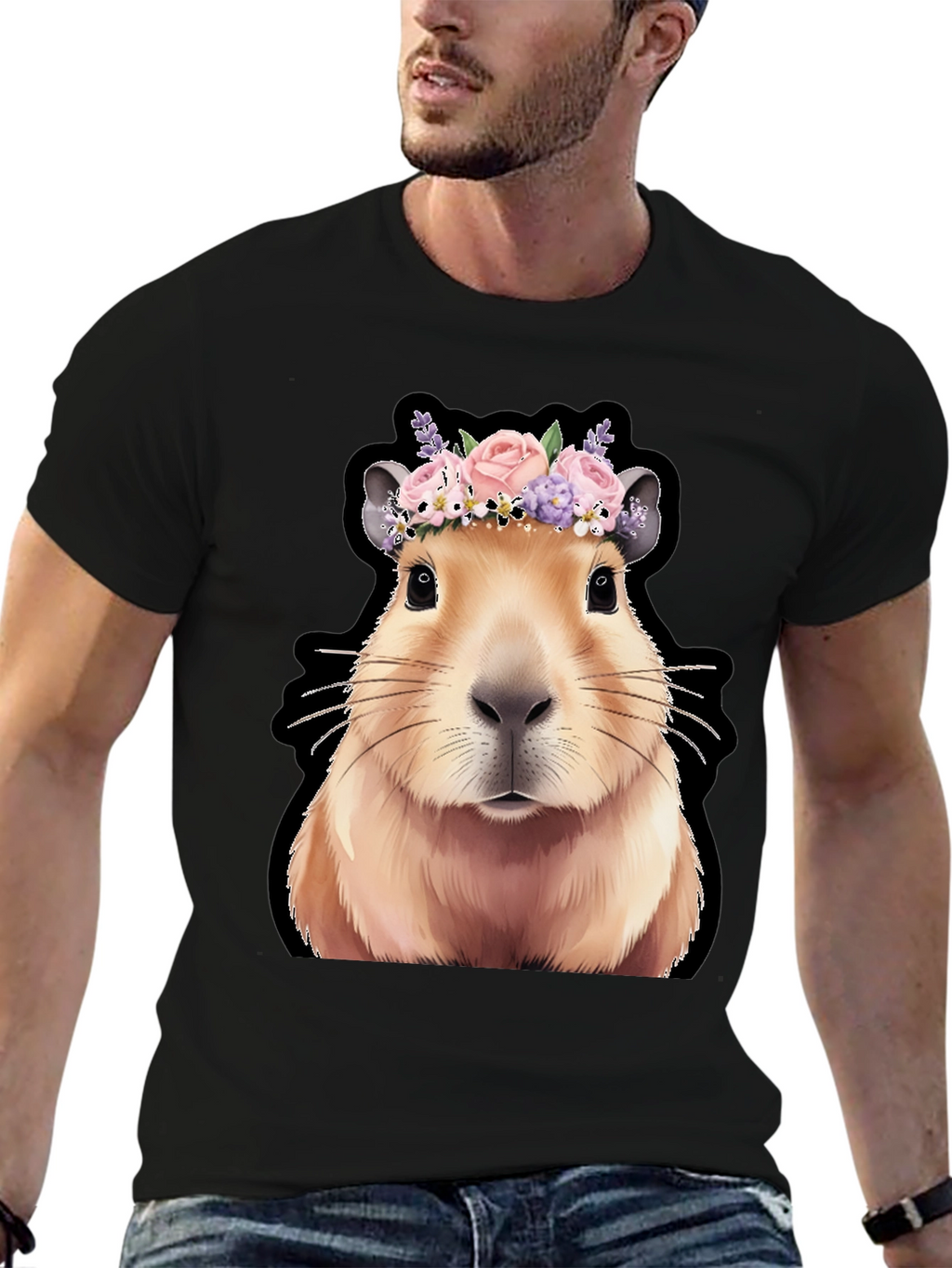Capybara Flower Crown Graphic Tee - Trendy Animal T-Shirt