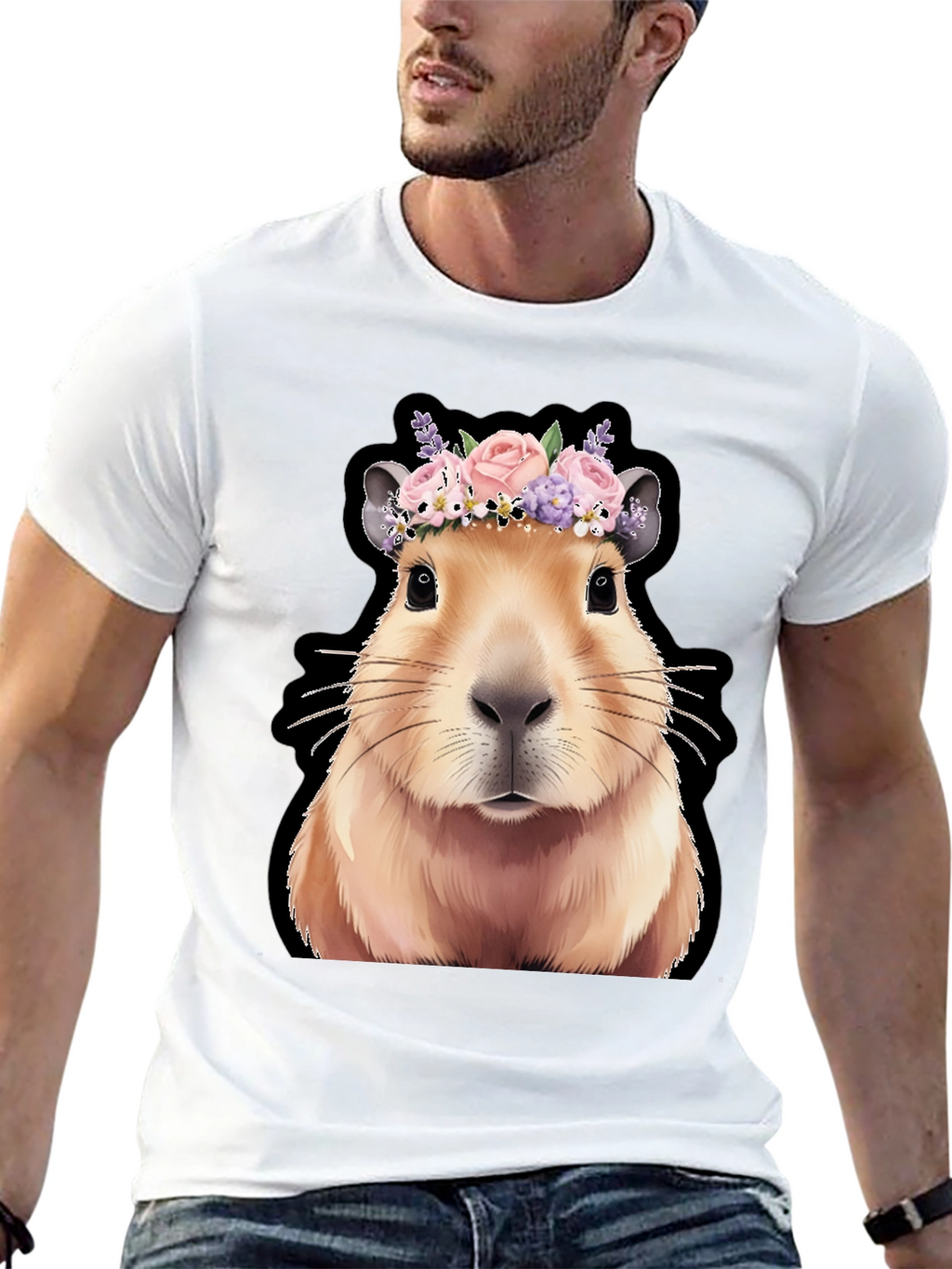 Capybara Flower Crown Graphic Tee - Trendy Animal T-Shirt