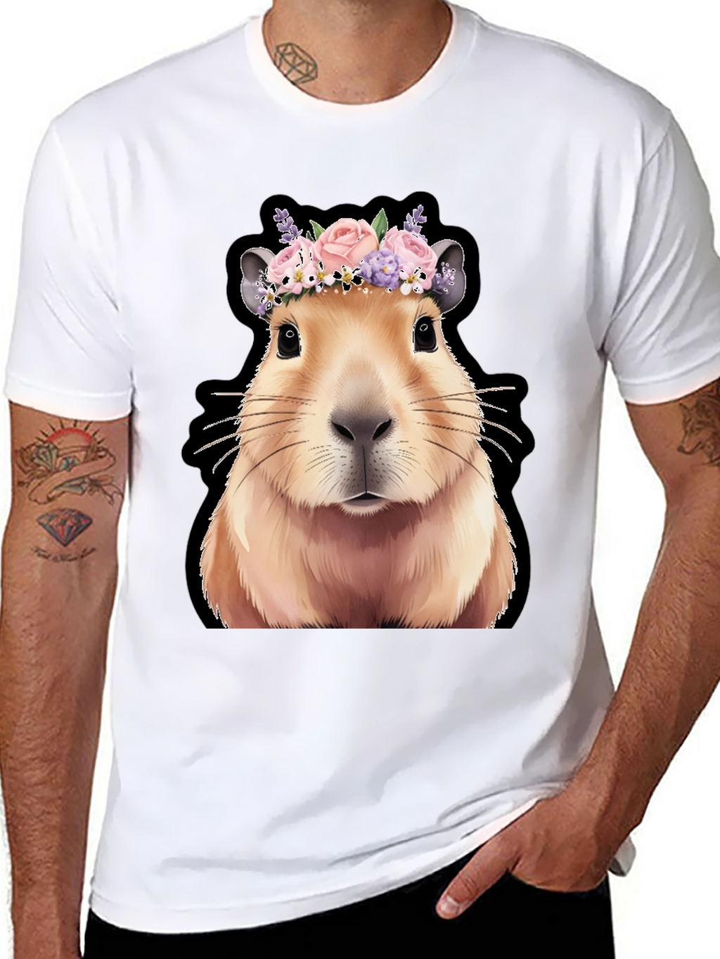 Capybara Flower Crown Graphic Tee - Trendy Animal T-Shirt
