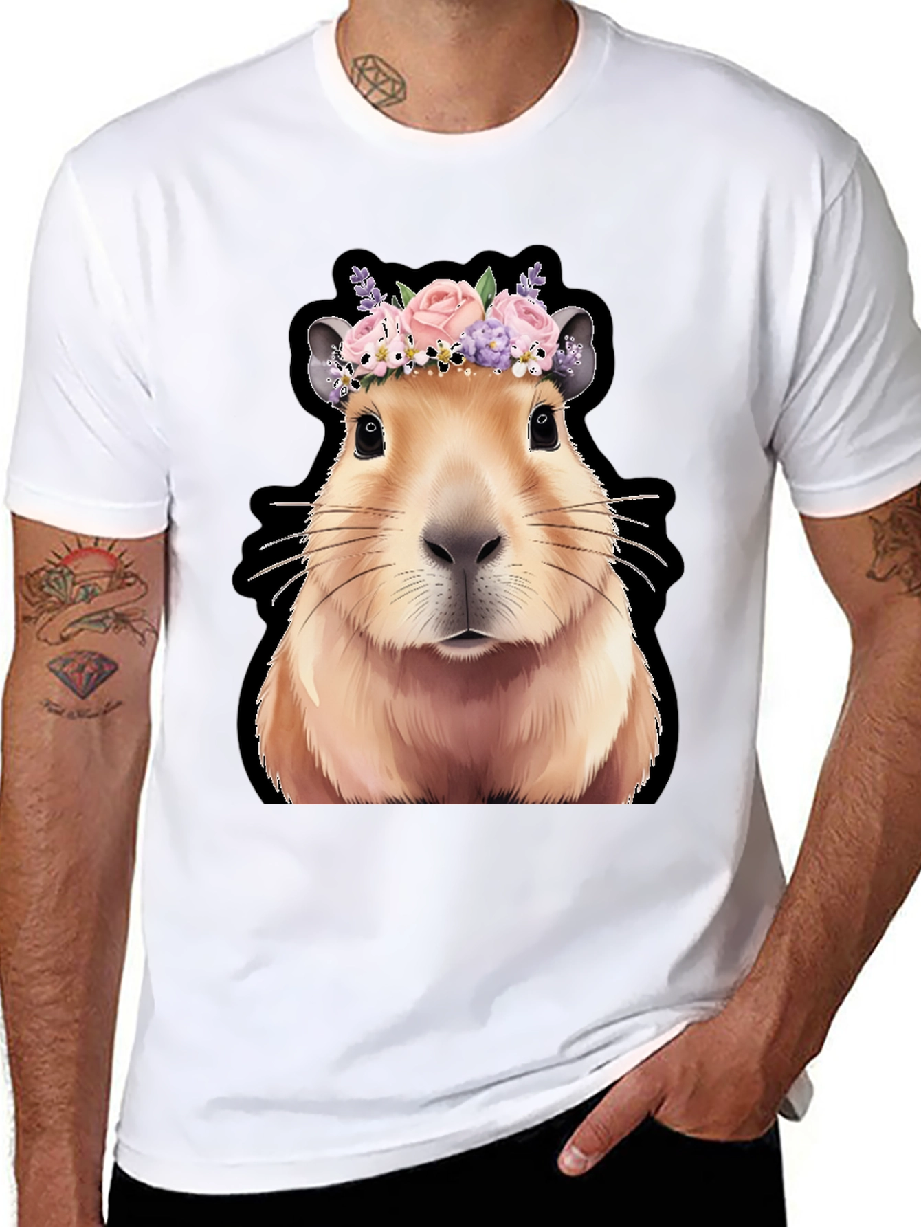 Capybara Flower Crown Graphic Tee - Trendy Animal T-Shirt