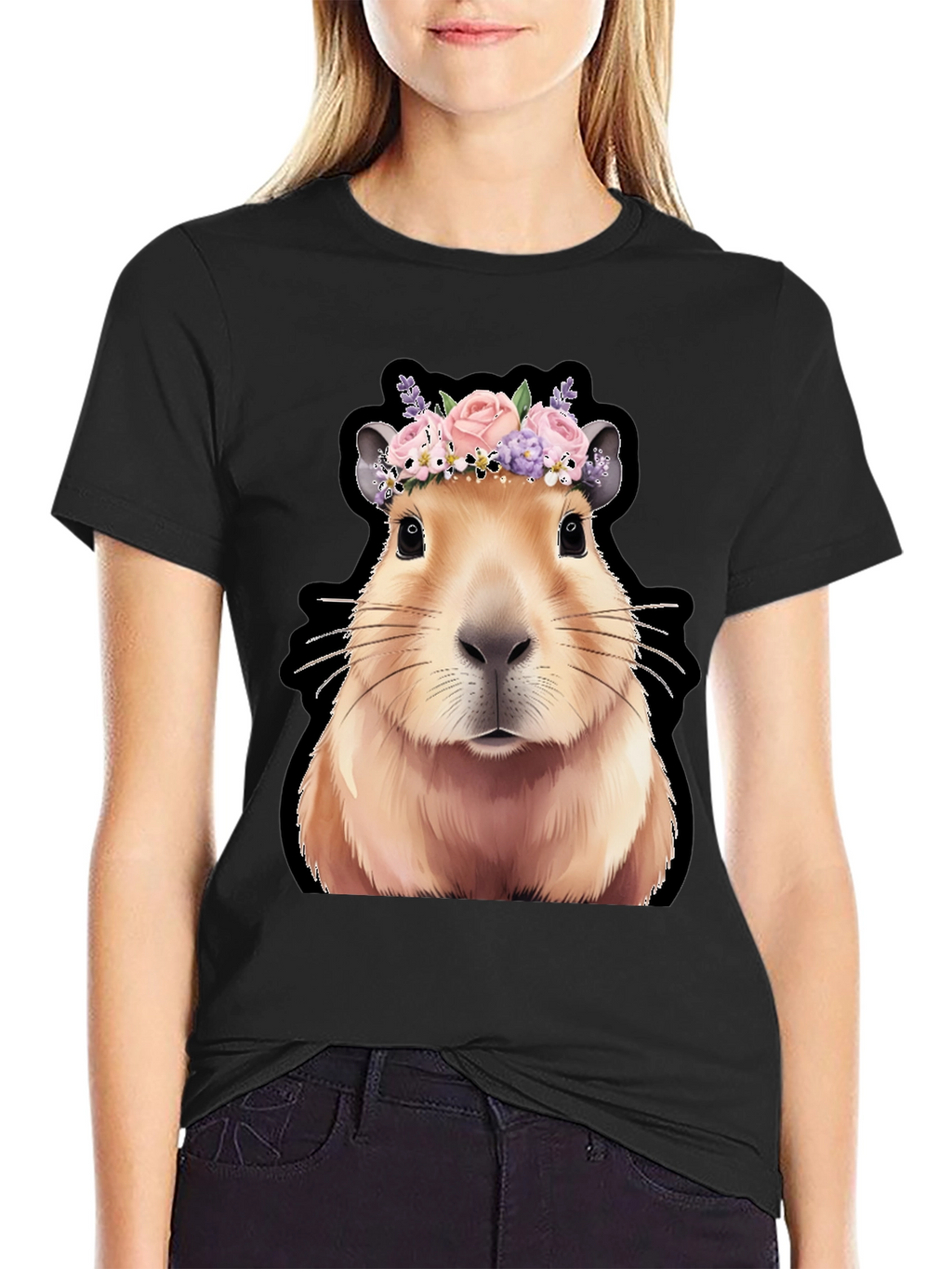 Capybara Flower Crown Graphic Tee - Trendy Animal T-Shirt