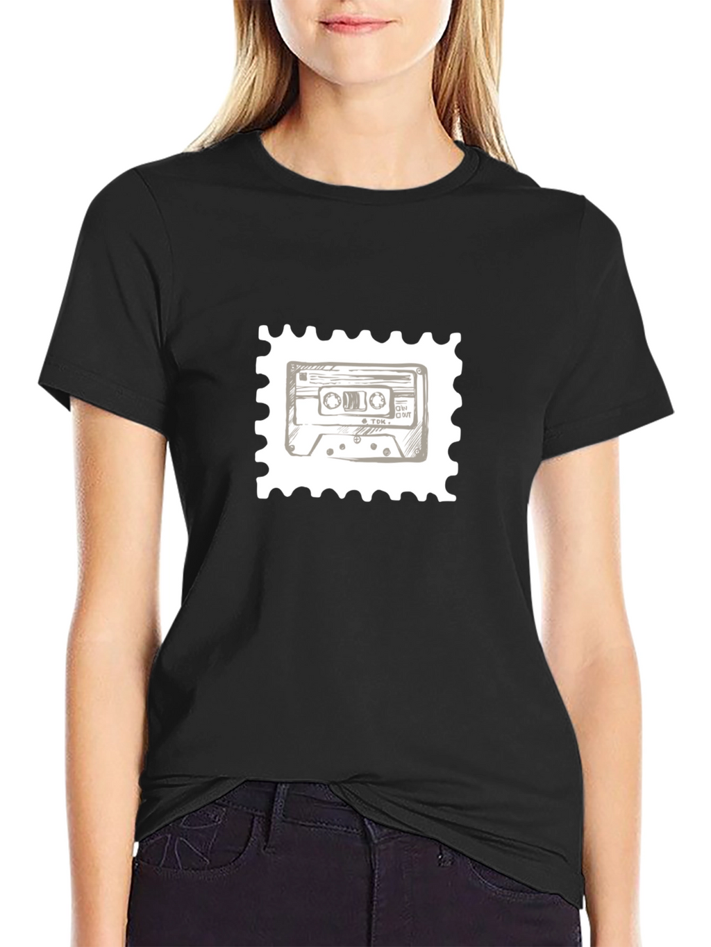 Retro Cassette Tape Stamp T-Shirt - Black