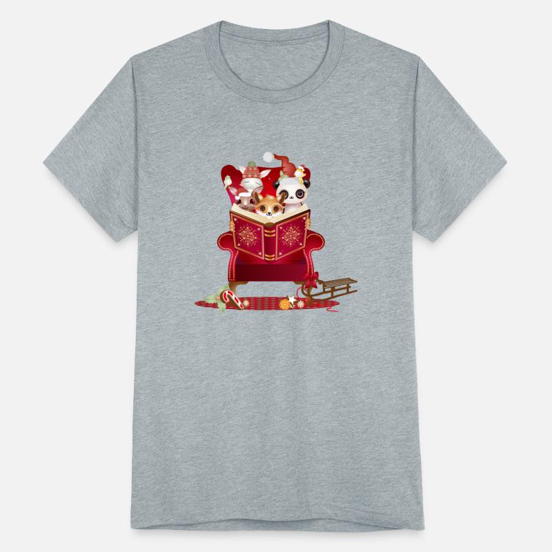 Animals read a book in the wing chair at Christmas