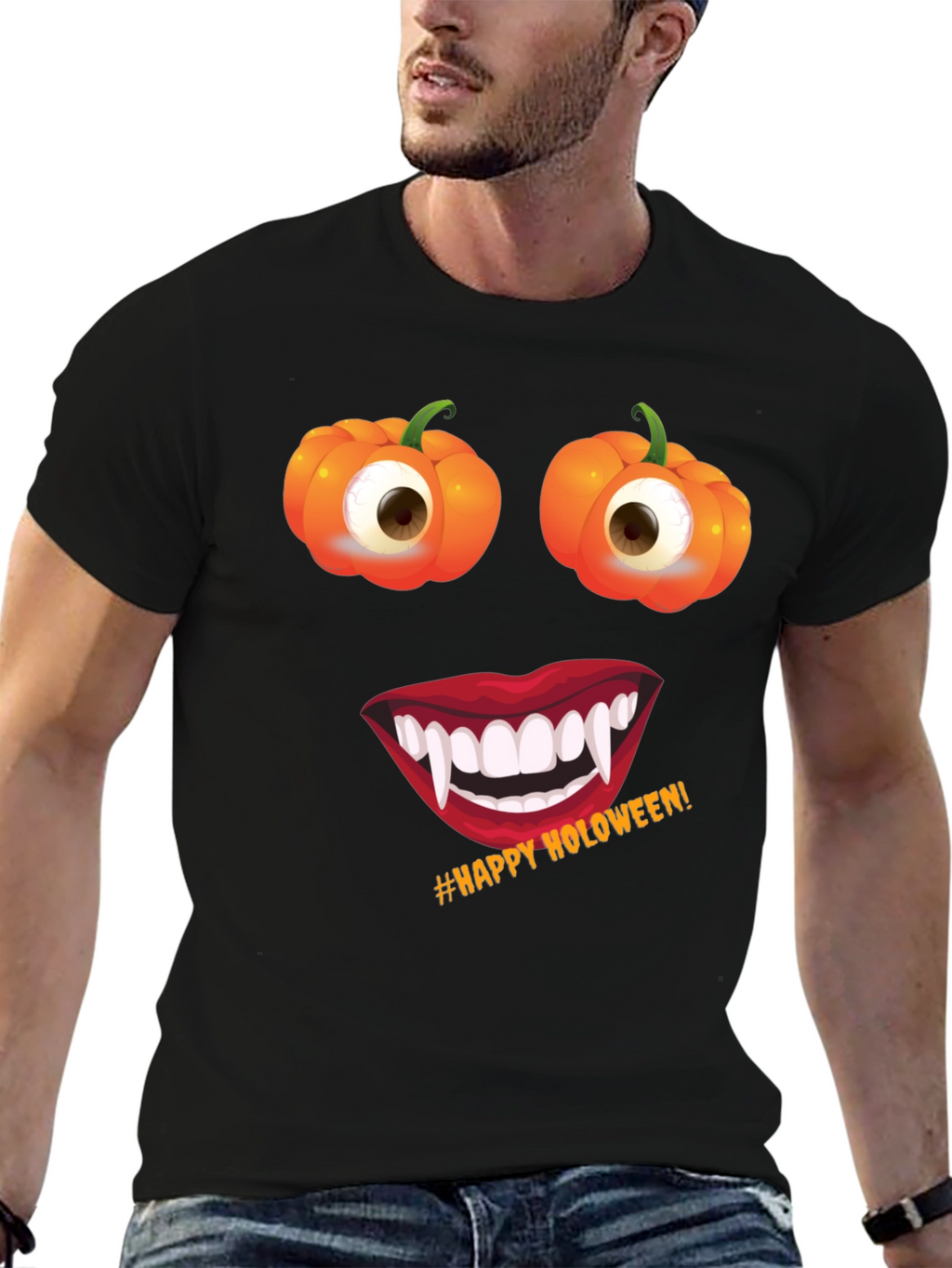 Halloween Face T-Shirt: Pumpkin Eyes Vampire Smile Tee