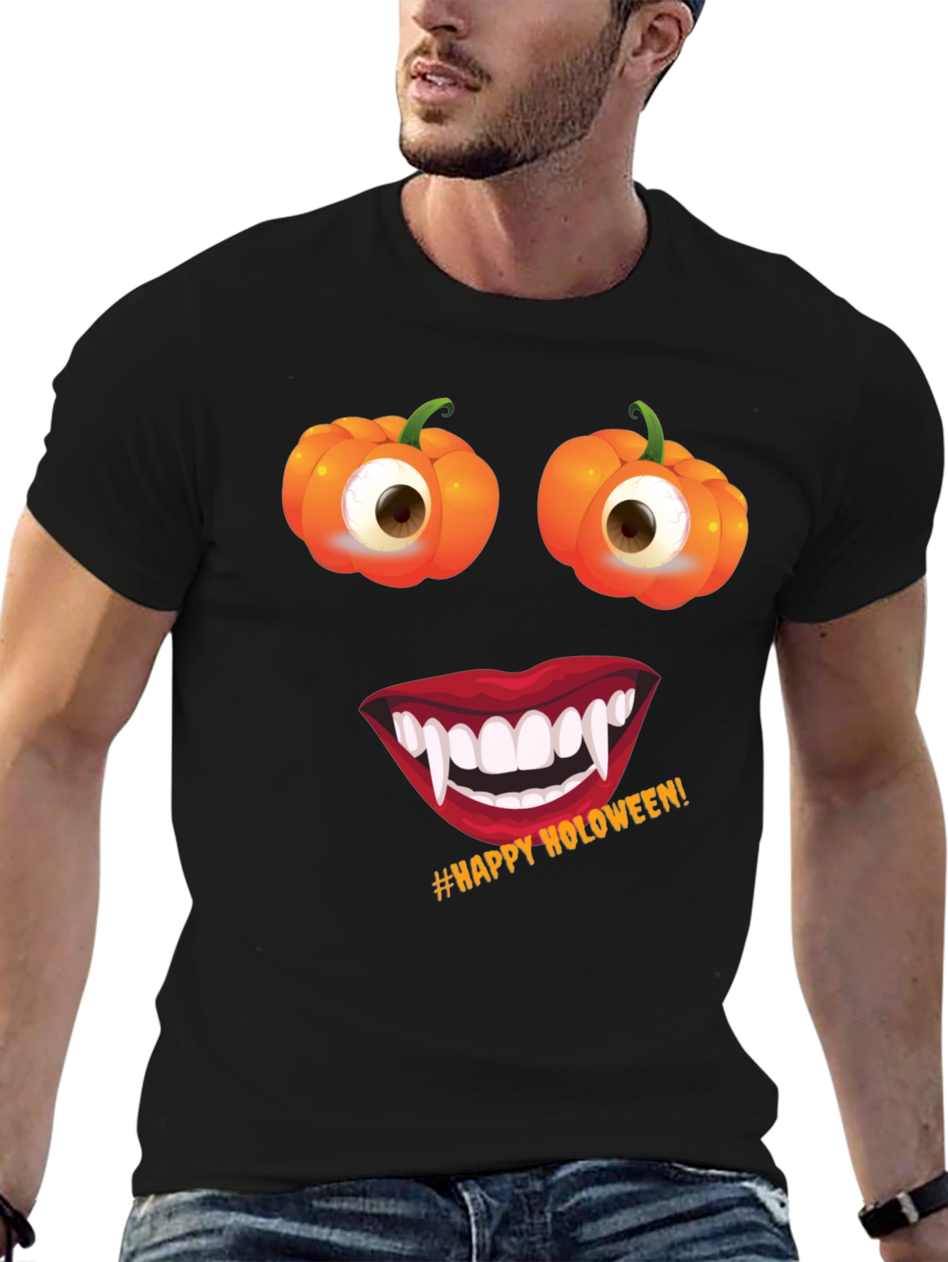 Halloween Face T-Shirt: Pumpkin Eyes Vampire Smile Tee
