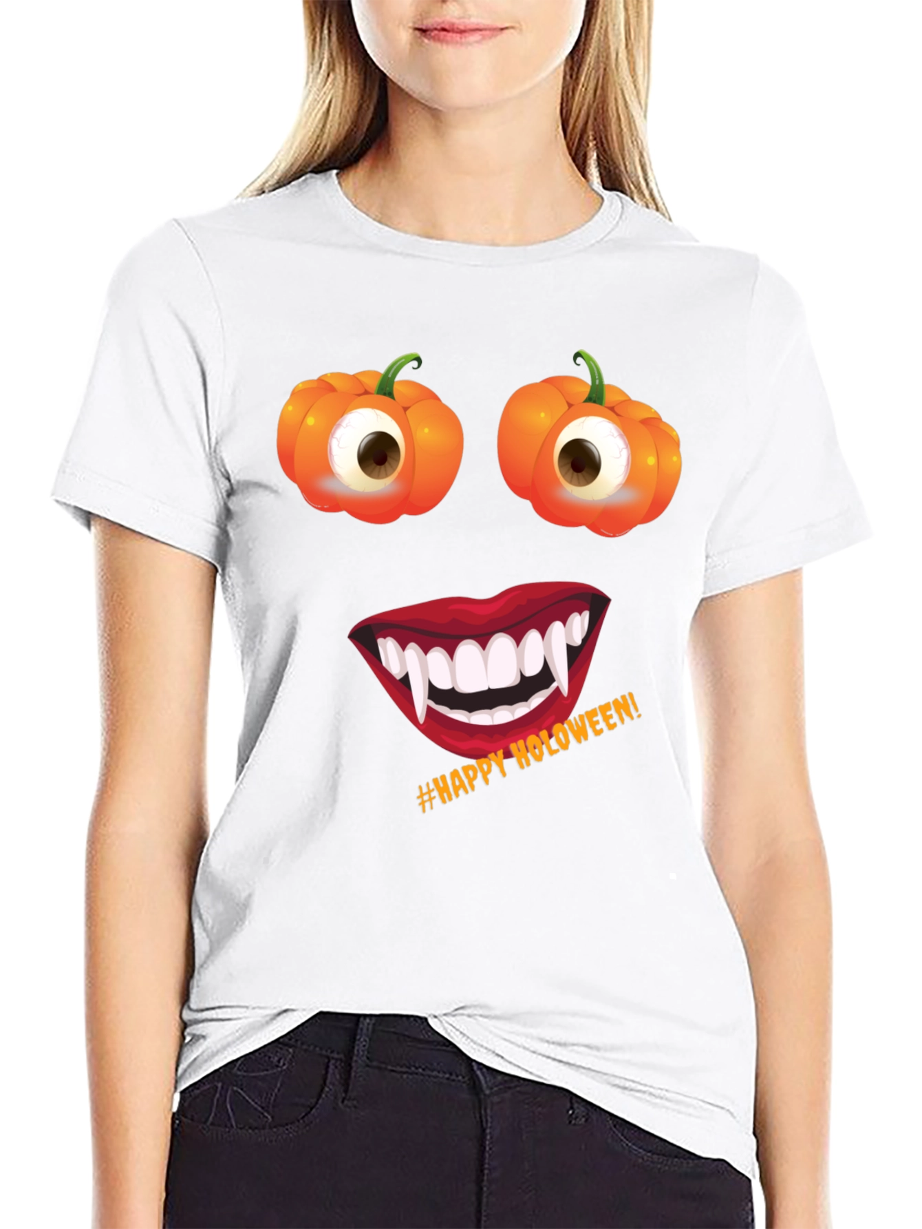 Halloween Face T-Shirt: Pumpkin Eyes Vampire Smile Tee