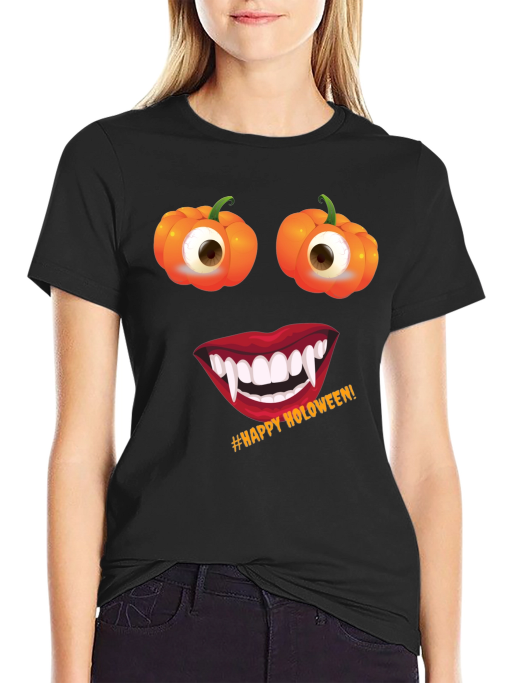 Halloween Face T-Shirt: Pumpkin Eyes Vampire Smile Tee