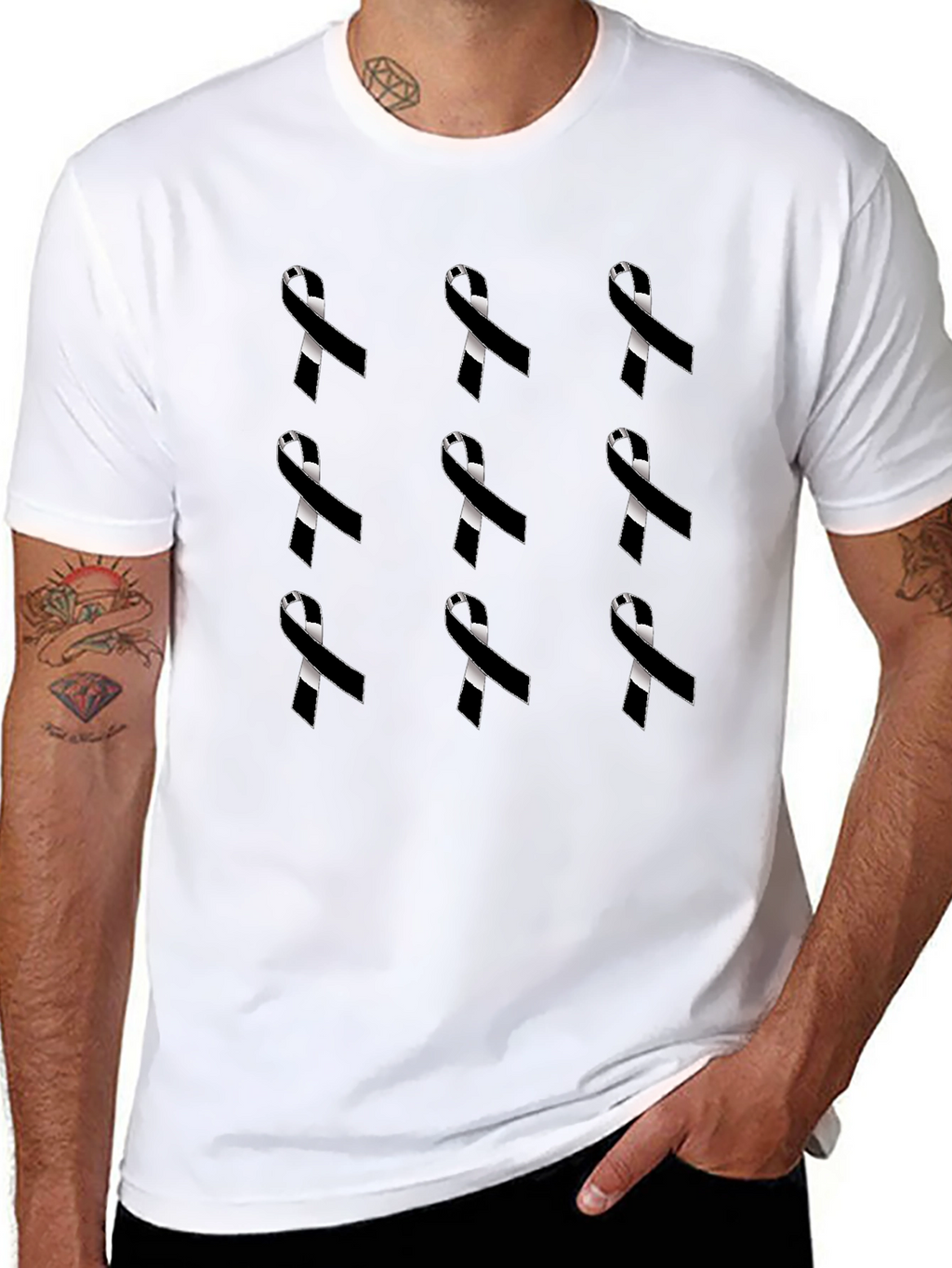 Ribbon Pattern Black Crewneck T-Shirt